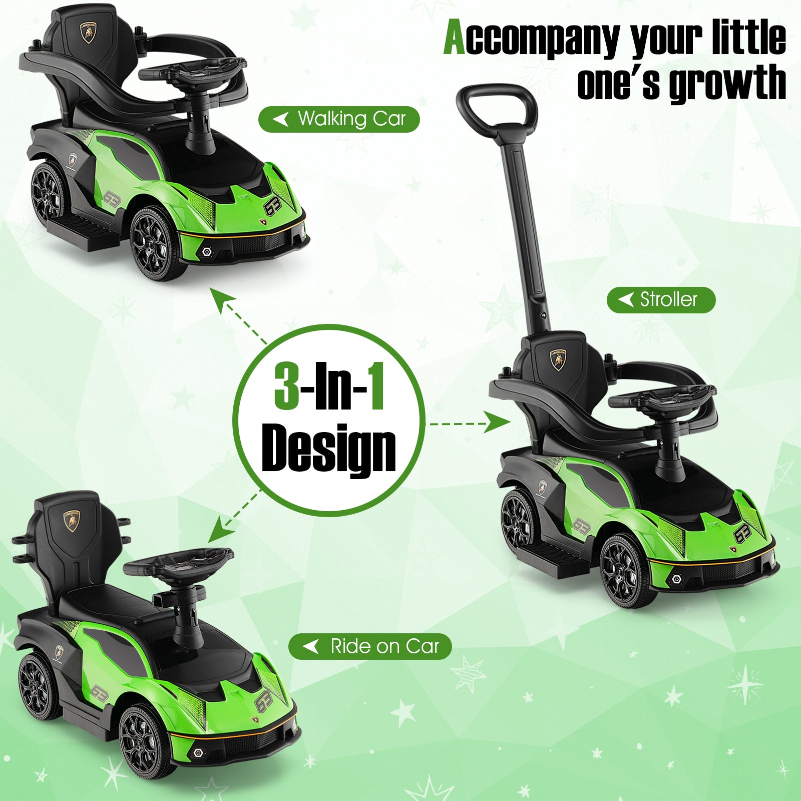 3-in-1 Licensed Ride On Push Car, Green Push & Pedal Ride On Toys at Gallery Canada
