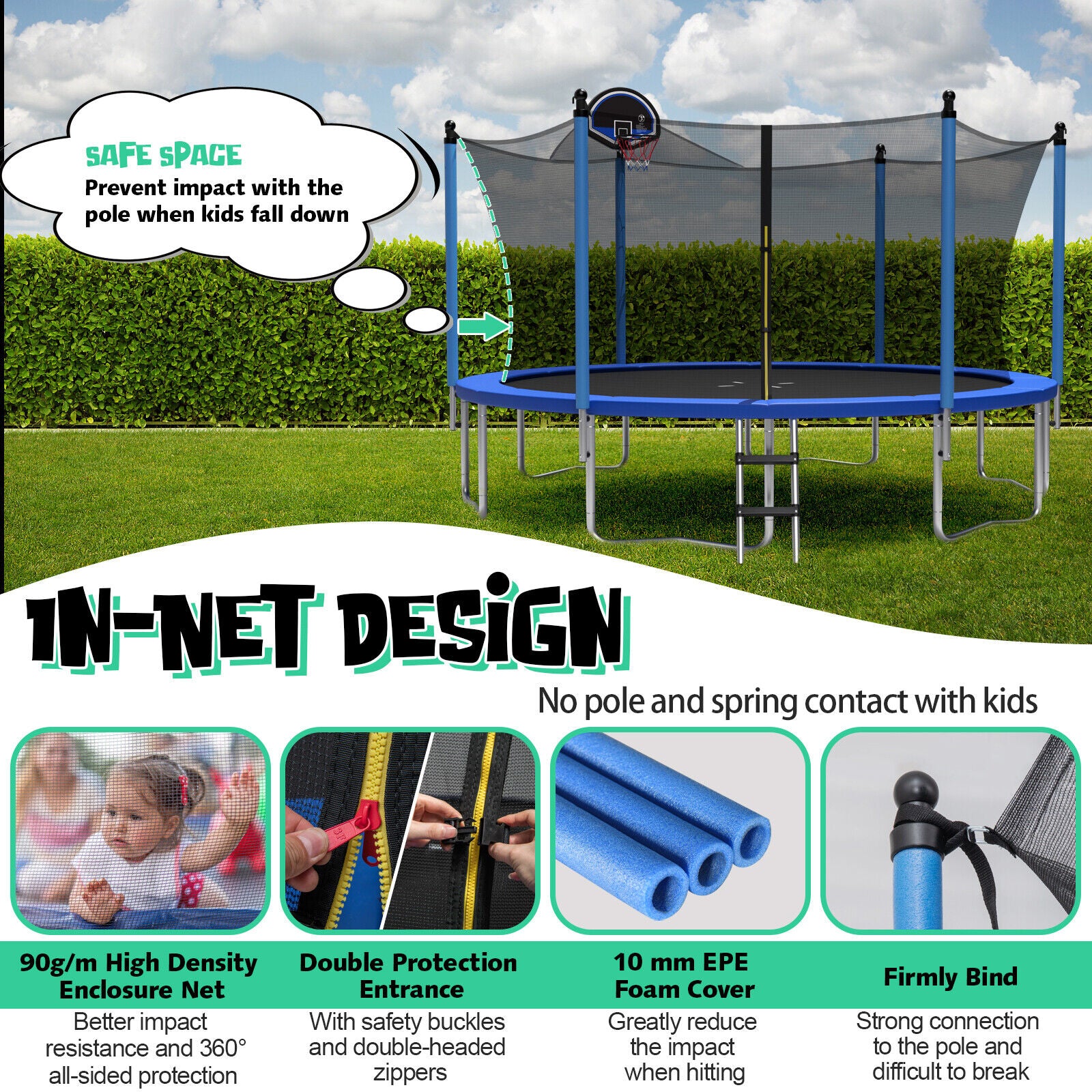 15 Ft Outdoor Trampoline With Ladder, Enclosure Net, Black Trampolines at Gallery Canada