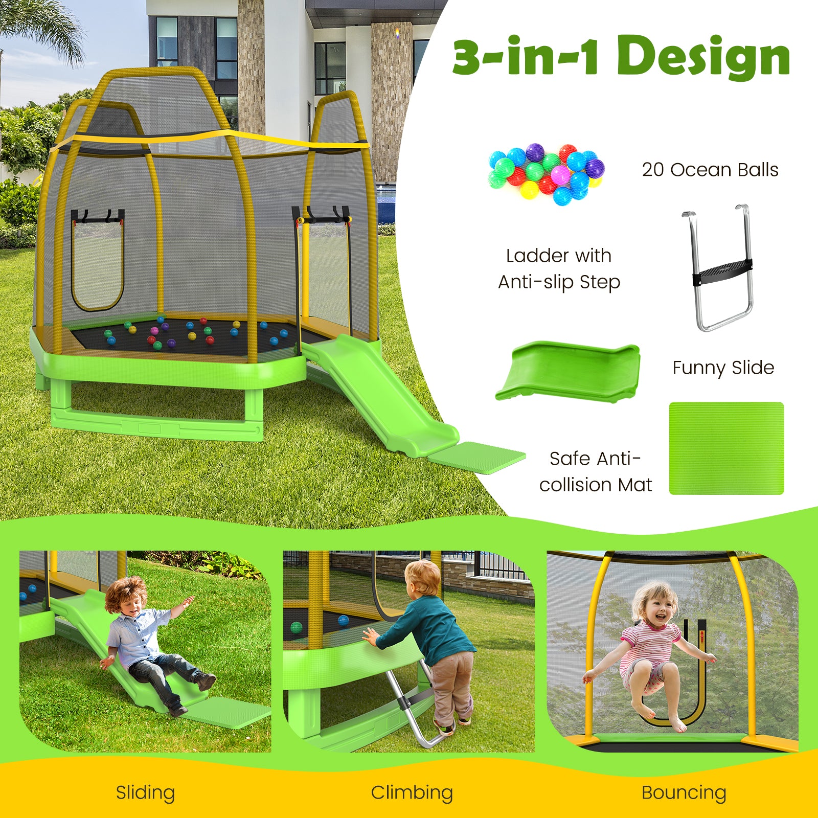 7 Feet Trampoline With Ladder And Slide, Indoor Outdoor, Green Trampolines at Gallery Canada