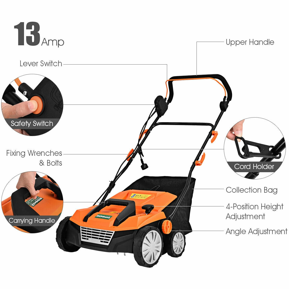15 Inch 13 Amp Electric Scarifier, Collection Bag, Removable Blades, Orange Garden Tools at Gallery Canada