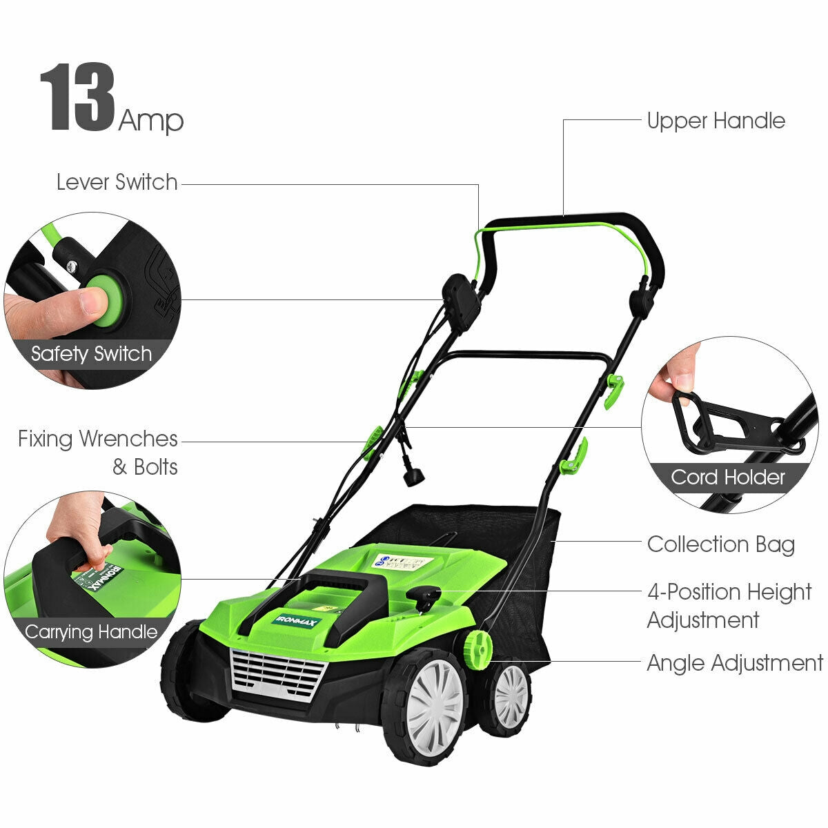 15 Inch 13 Amp Electric Scarifier, Collection Bag, Removable Blades, Green Garden Tools at Gallery Canada
