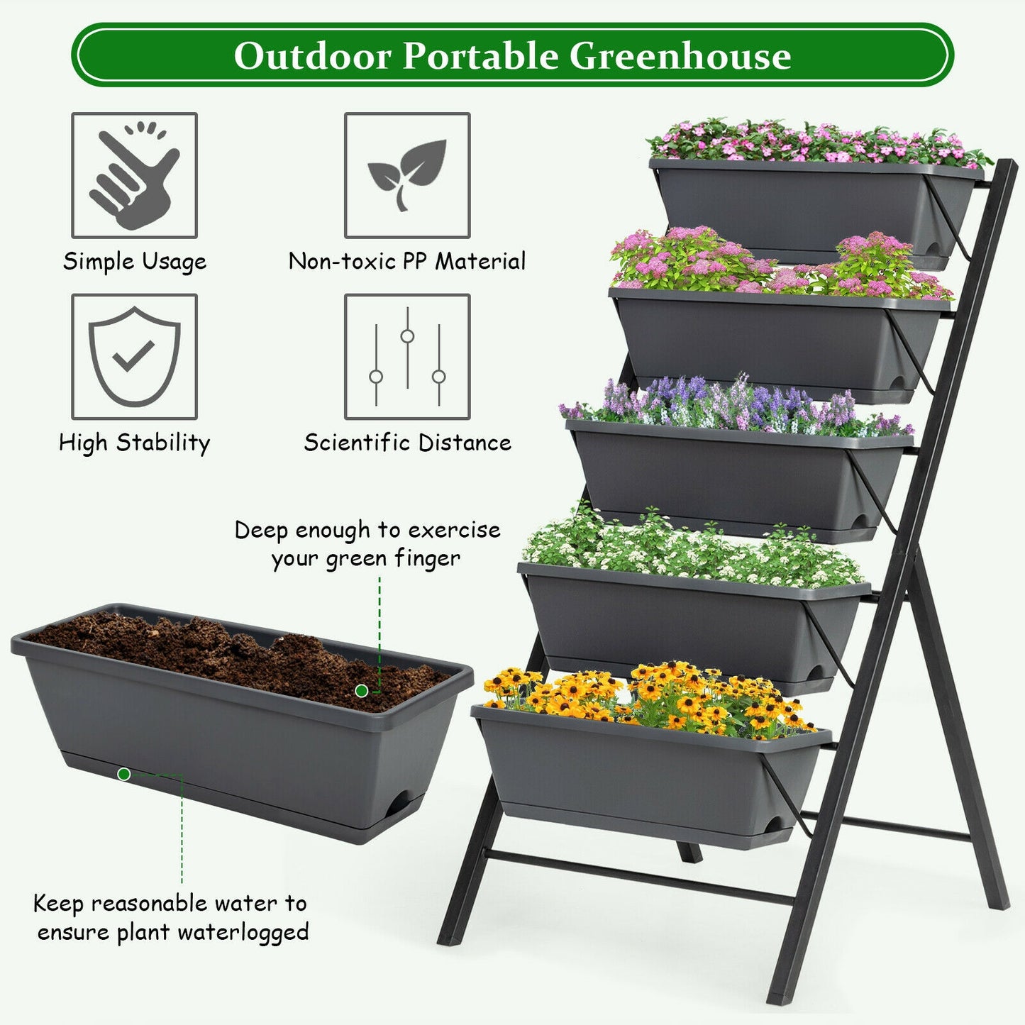 5-Tier Raised Garden Bed, Water Drainage, Flowers Vegetables, Black Raised Garden Beds at Gallery Canada
