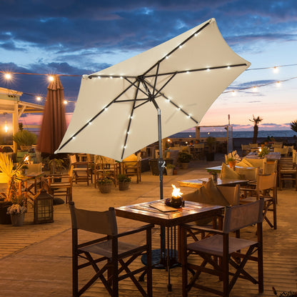 9' Solar LED Patio Umbrella, Tilt Crank Lift, Beige Outdoor Umbrellas at Gallery Canada