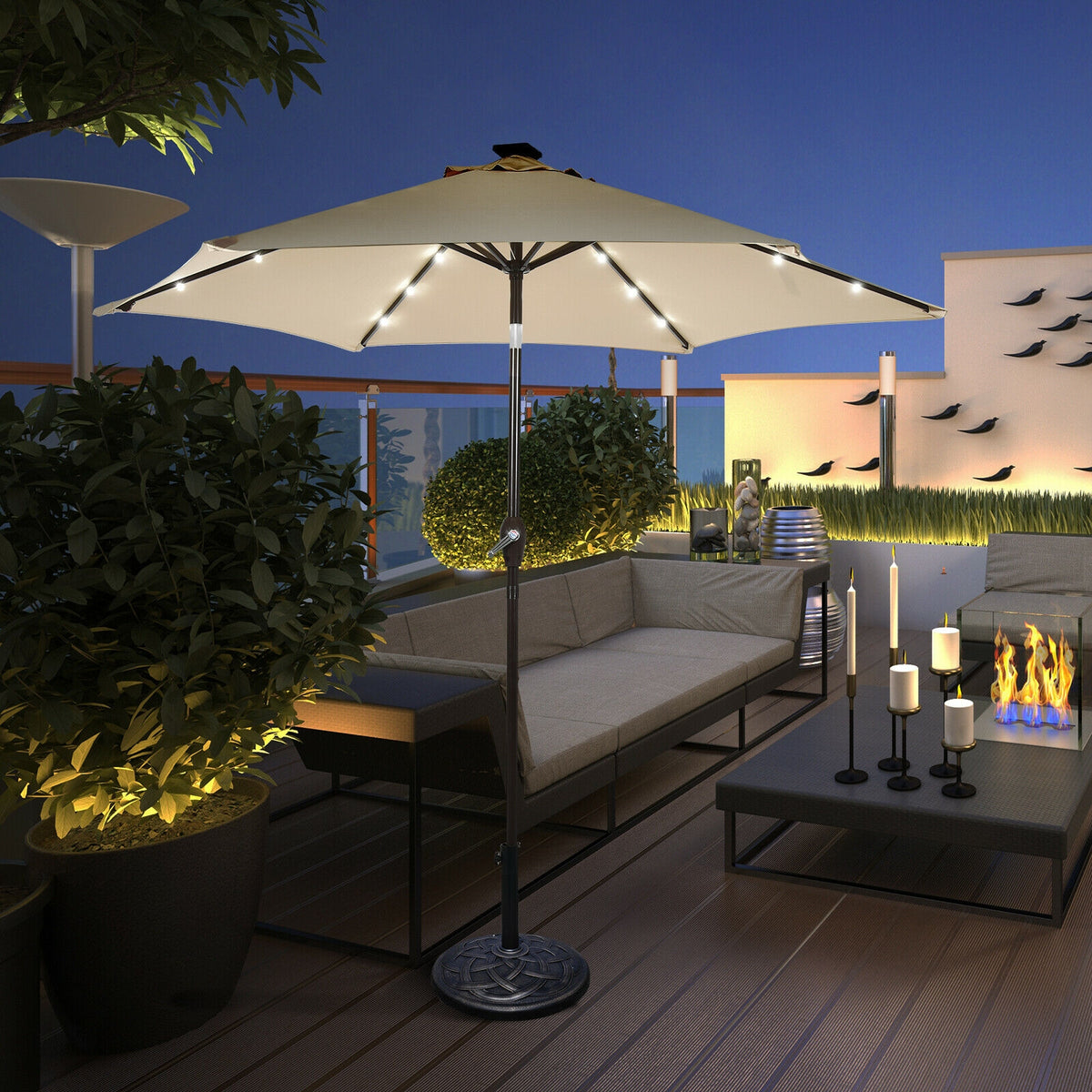 9' Solar LED Patio Umbrella, Tilt Crank Lift, Beige Outdoor Umbrellas at Gallery Canada