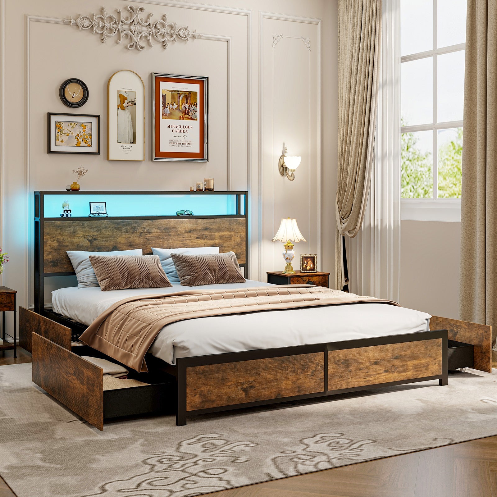 Queen Size Bed Frame With LED Lights, Storage Drawers, Rustic Brown Simple Bed Frame at Gallery Canada