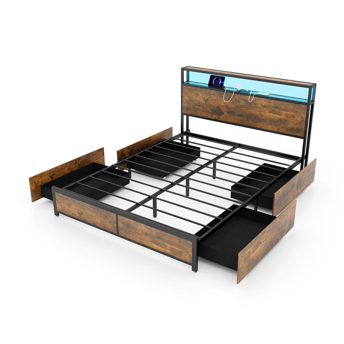 Queen Size Bed Frame With LED Lights, Storage Drawers, Rustic Brown Simple Bed Frame at Gallery Canada
