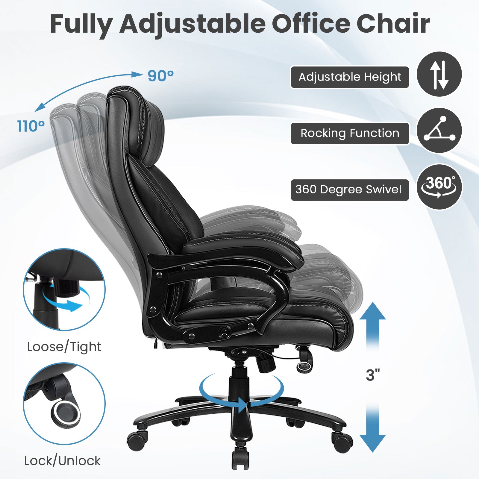 400lb PU Leather Massage Office Chair, Black Big and Tall Chairs at Gallery Canada