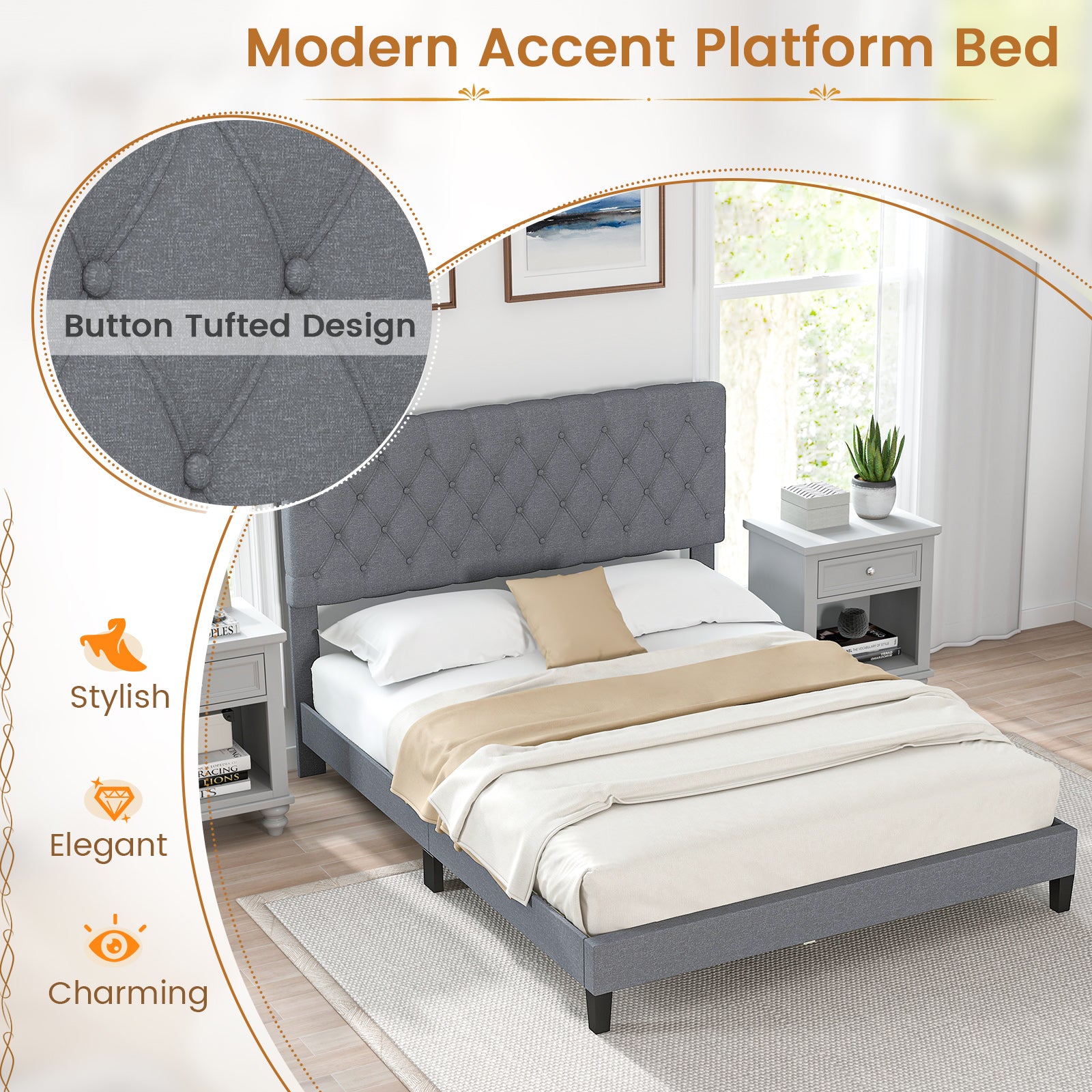 Queen Size Upholstered Platform Bed with Button Tufted Headboard-Queen & Gray Beds & Bed Frames at Gallery Canada