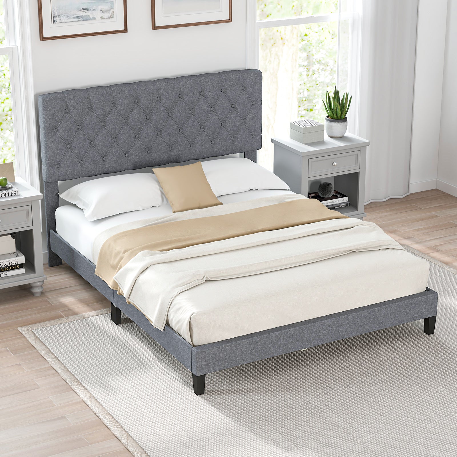 Queen Size Upholstered Platform Bed with Button Tufted Headboard-Queen & Gray Beds & Bed Frames at Gallery Canada