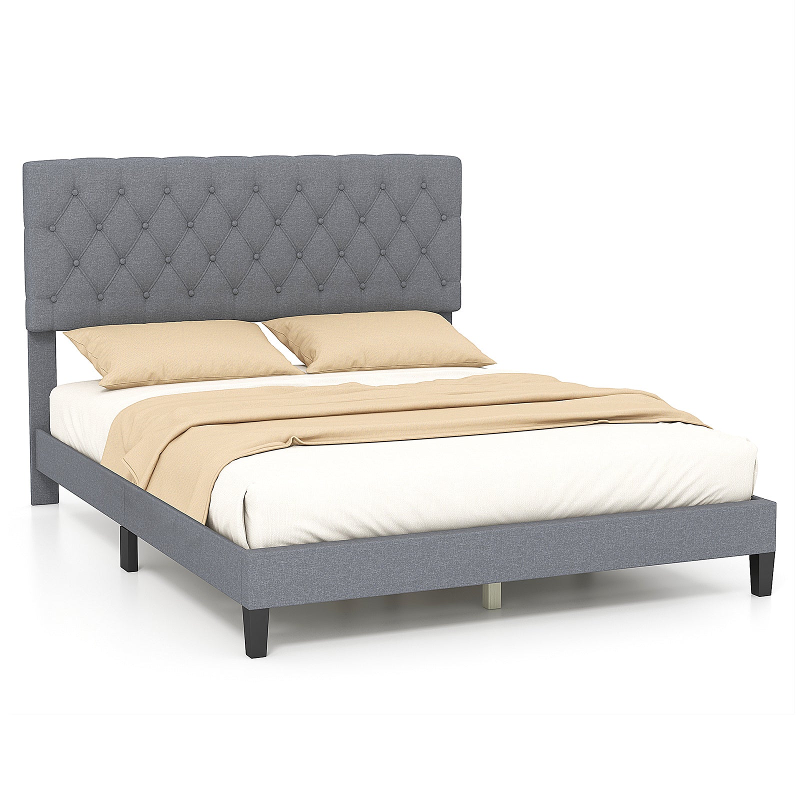 Queen Size Upholstered Platform Bed with Button Tufted Headboard-Queen & Gray Beds & Bed Frames at Gallery Canada