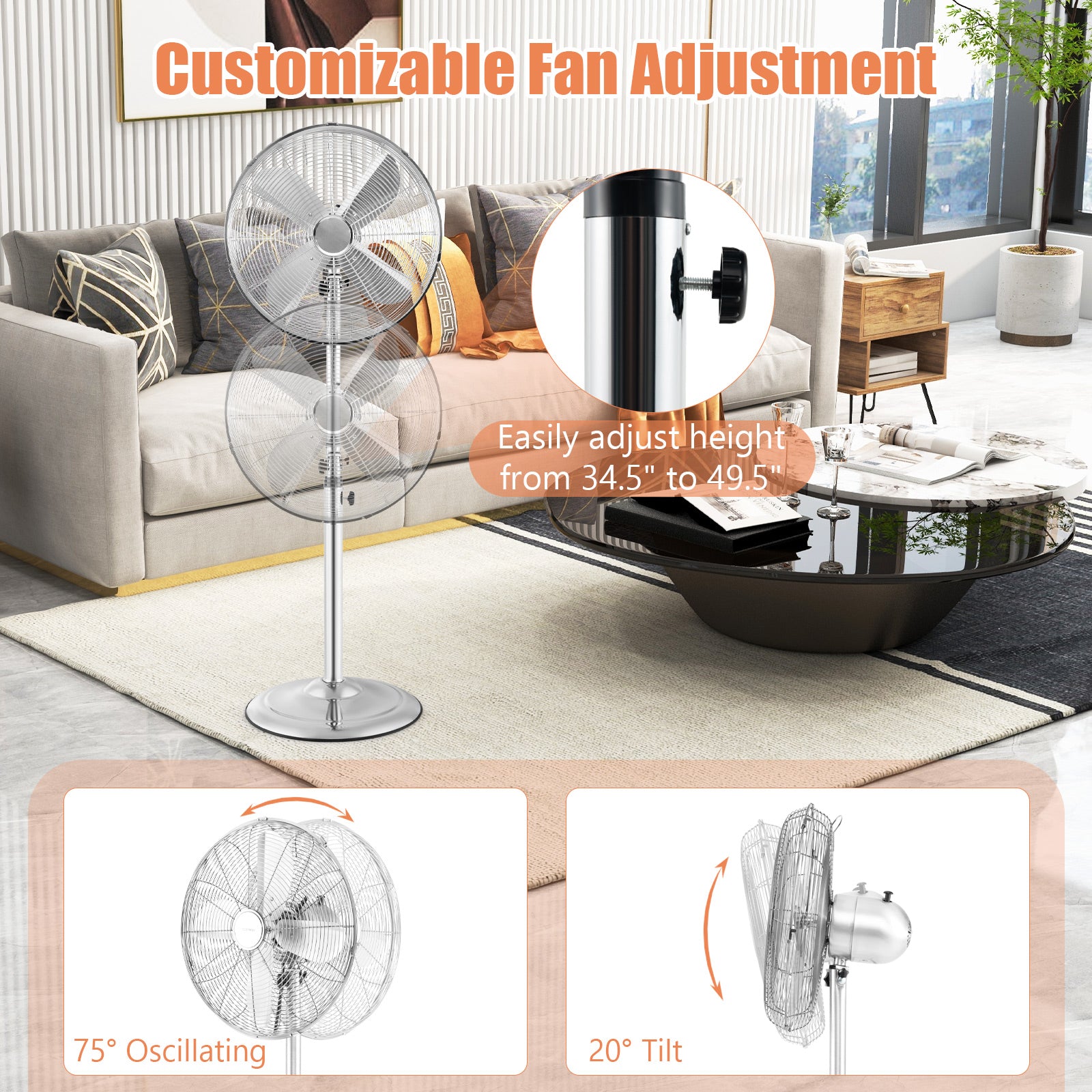 16 Inch Pedestal Standing Fan, 3 Speeds, Adjustable Height, Silver Fans at Gallery Canada
