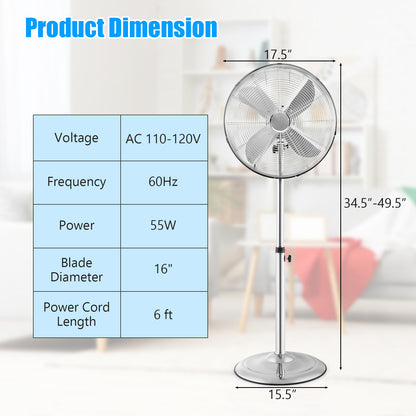 16 Inch Pedestal Standing Fan, 3 Speeds, Adjustable Height, Silver Fans at Gallery Canada