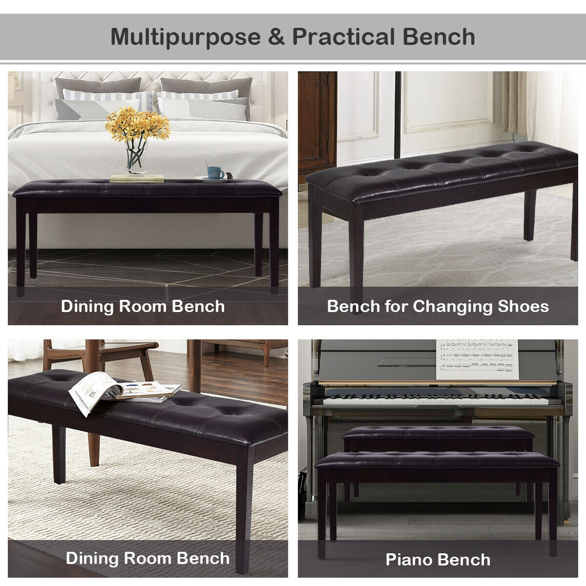 Upholstered Dining Room Bench, Solid Wood, Button Tufted, Brown Ottomans at Gallery Canada