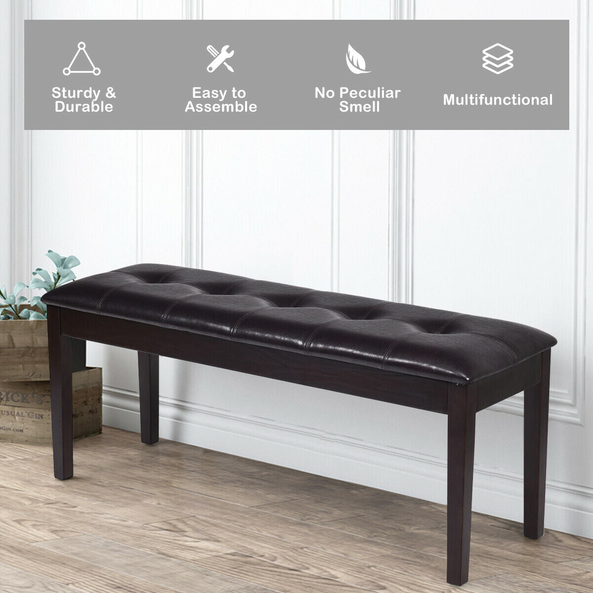 Upholstered Dining Room Bench, Solid Wood, Button Tufted, Brown Ottomans at Gallery Canada