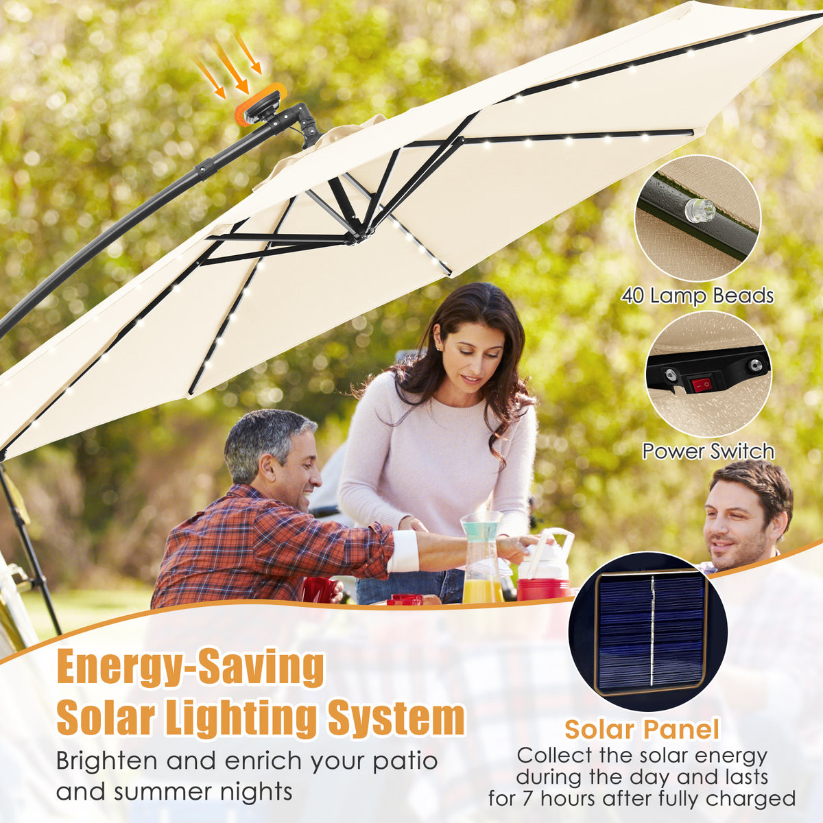 10 Feet Solar Offset Hanging Umbrella, 40 Lamp Beads, Beige Outdoor Umbrellas at Gallery Canada