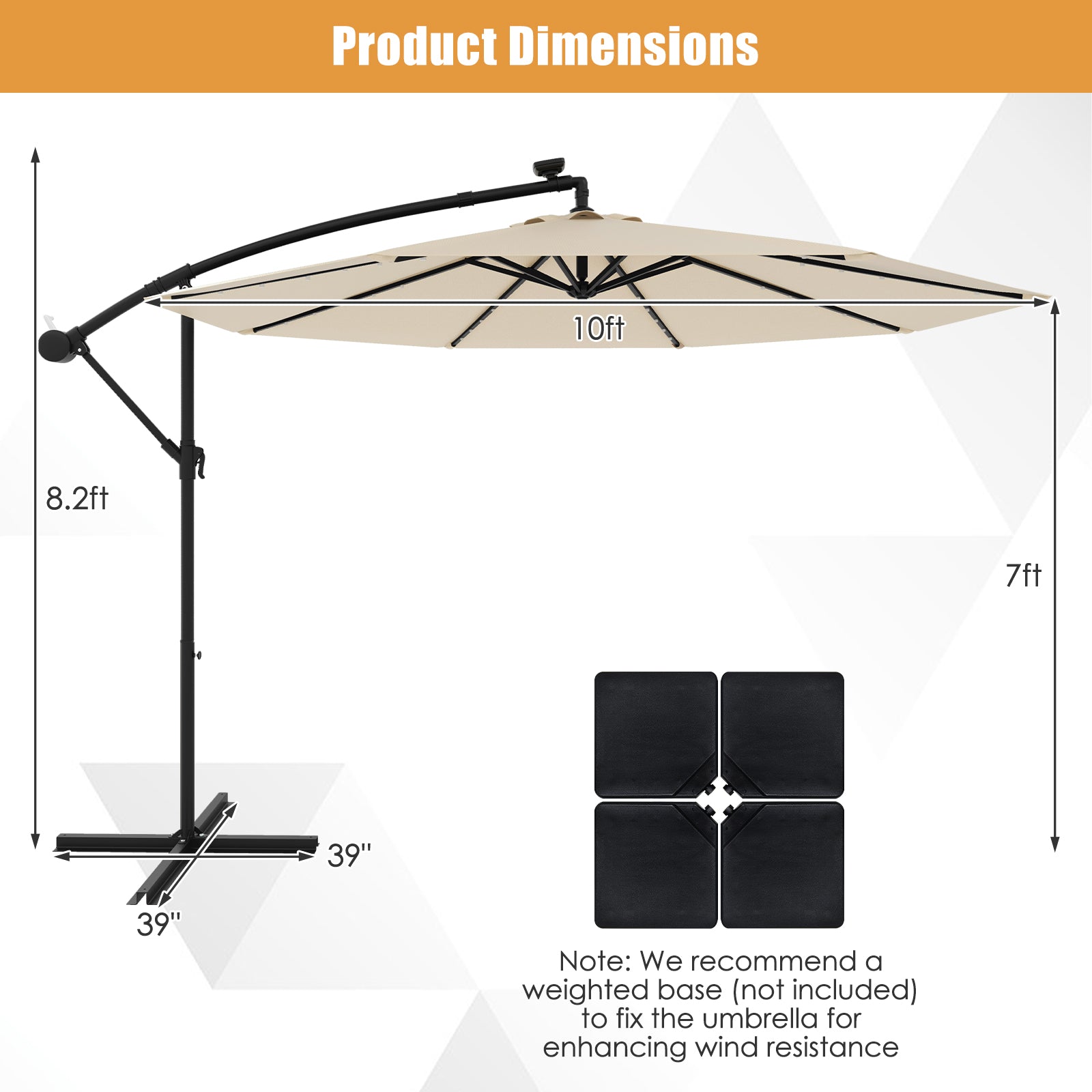 10 Feet Solar Offset Hanging Umbrella, 40 Lamp Beads, Beige Outdoor Umbrellas at Gallery Canada