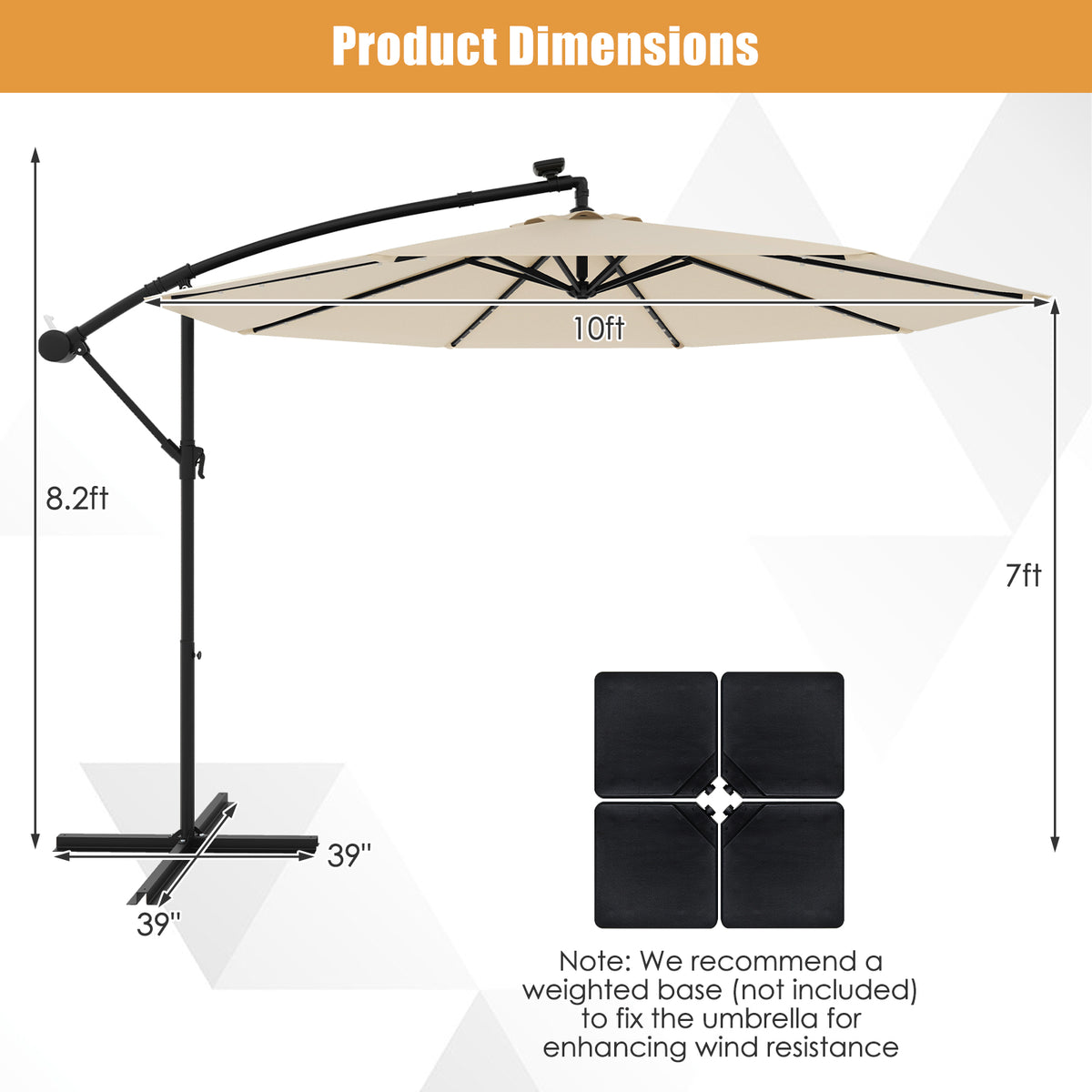 10 Feet Solar Offset Hanging Umbrella, 40 Lamp Beads, Beige Outdoor Umbrellas at Gallery Canada