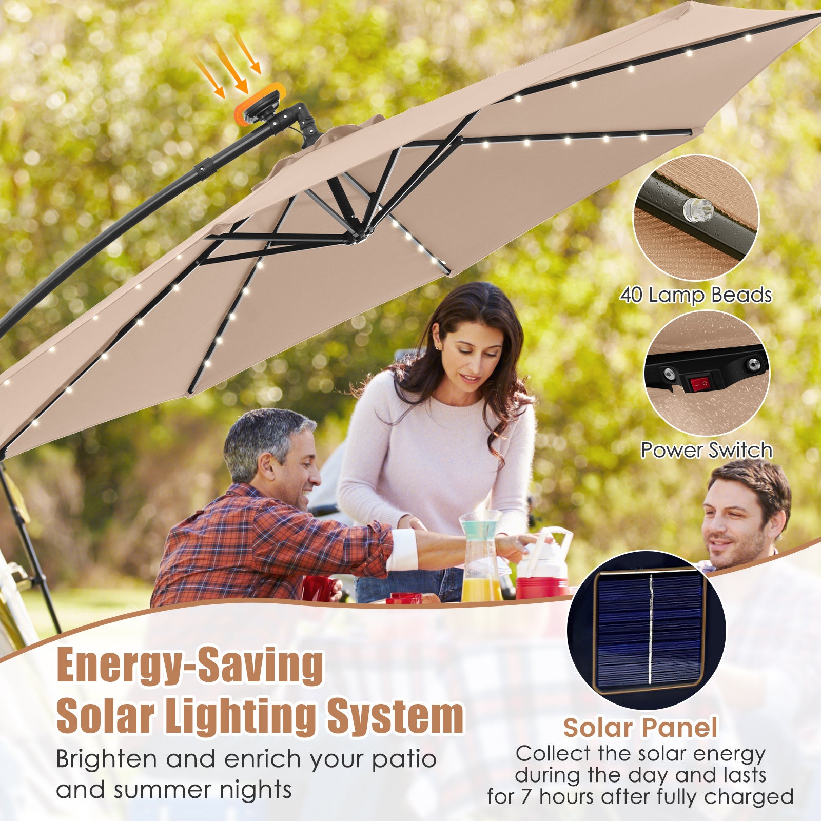 10 Feet Solar Offset Hanging Umbrella, 40 Lamp Beads, Tan Outdoor Umbrellas at Gallery Canada