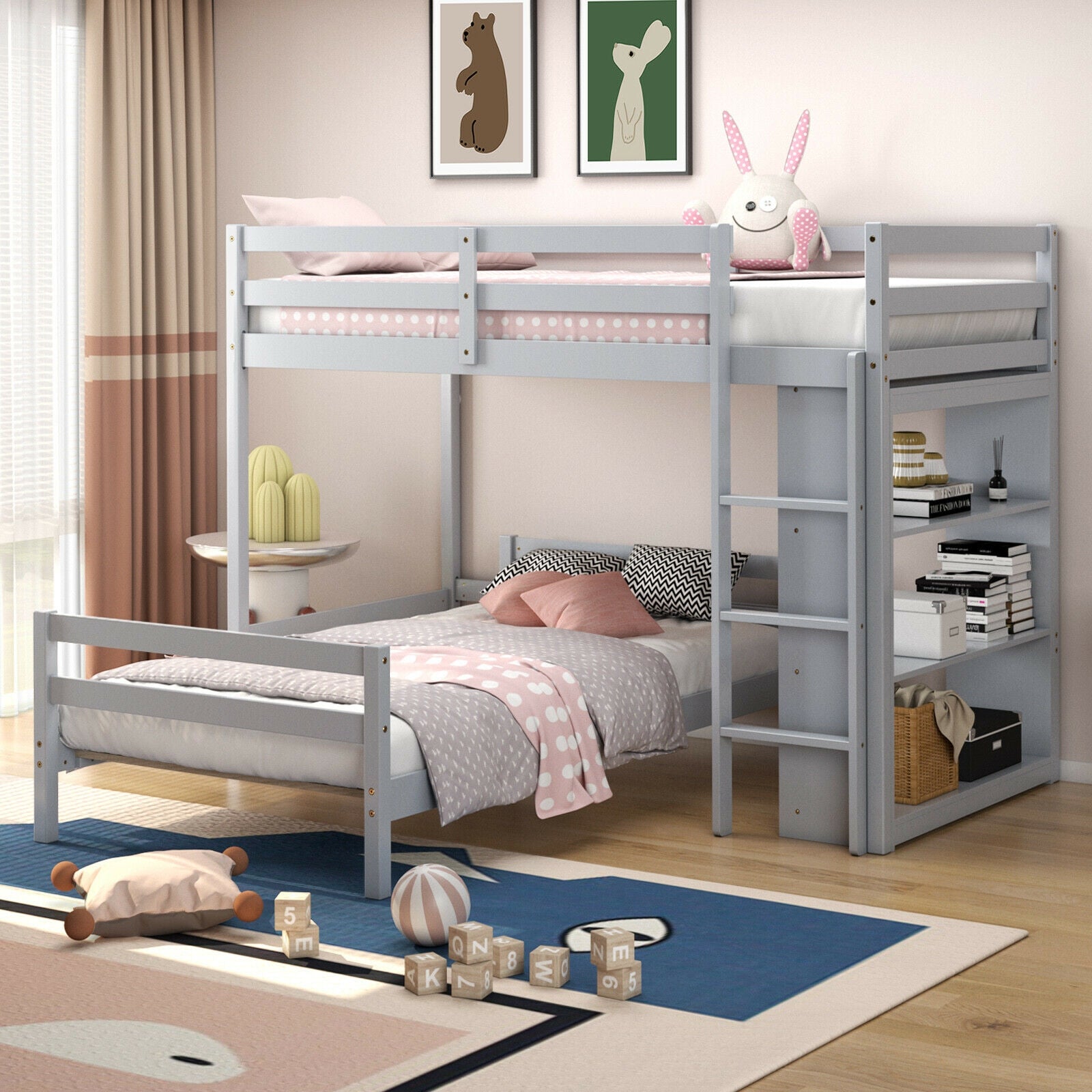 Twin Over Twin Loft Bunk Bed With Bookcase, Gray Bunk Bed Frame at Gallery Canada