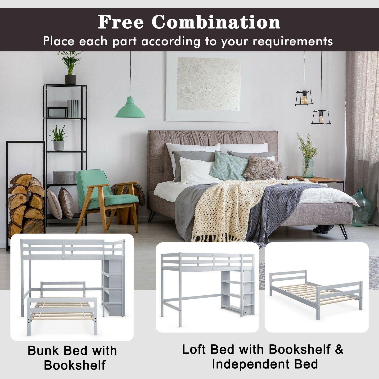 Twin Over Twin Loft Bunk Bed With Bookcase, Gray Bunk Bed Frame at Gallery Canada