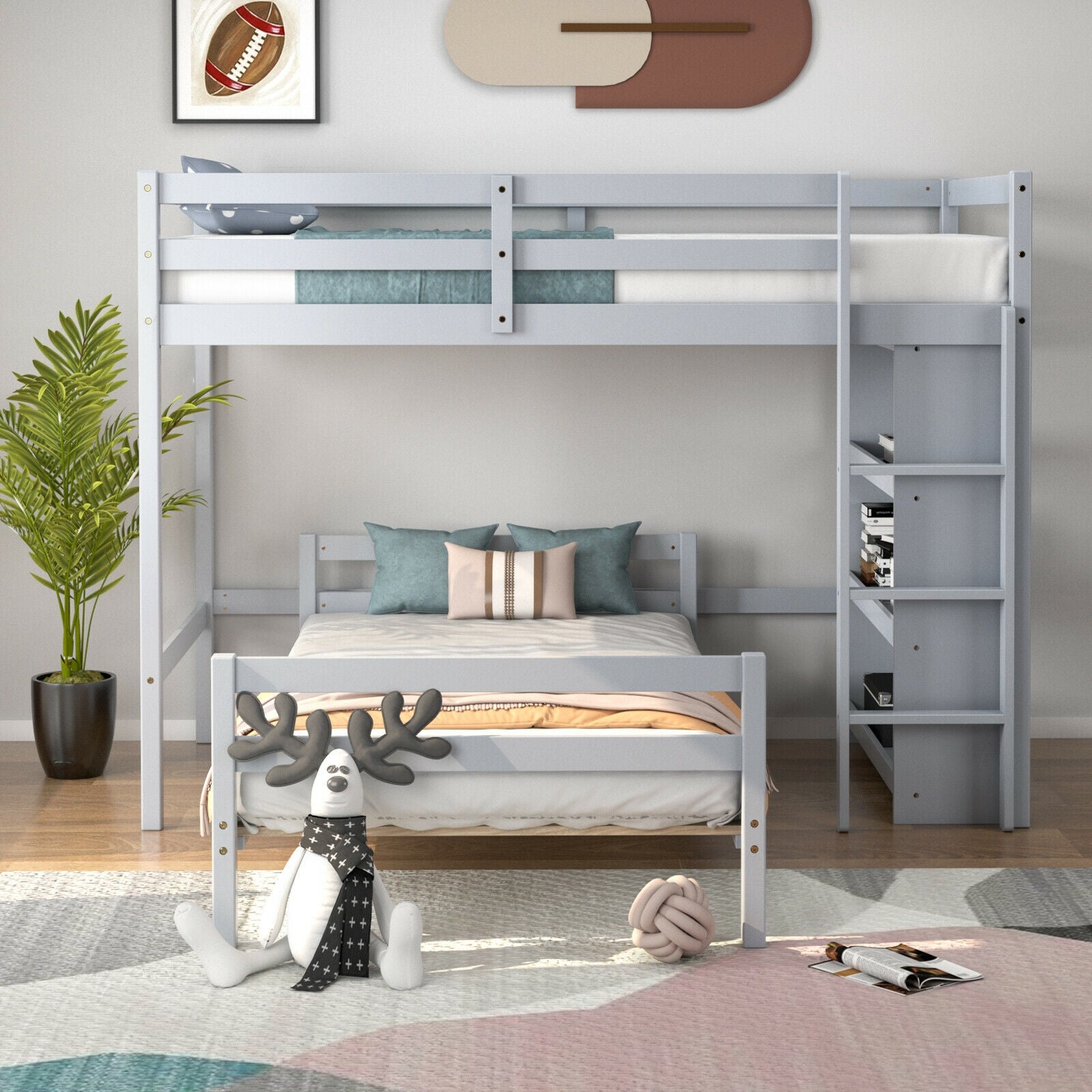 Twin Over Twin Loft Bunk Bed With Bookcase, Gray Bunk Bed Frame at Gallery Canada