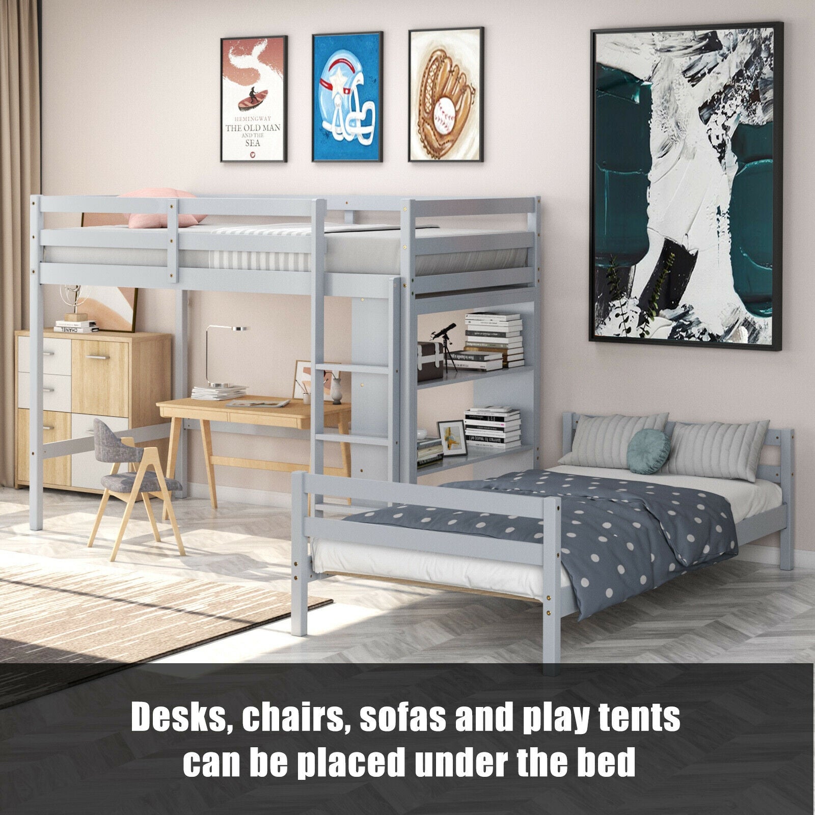 Twin Over Twin Loft Bunk Bed With Bookcase, Gray Bunk Bed Frame at Gallery Canada