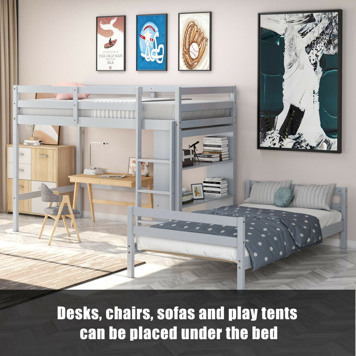 Twin Over Twin Loft Bunk Bed With Bookcase, Gray Bunk Bed Frame at Gallery Canada