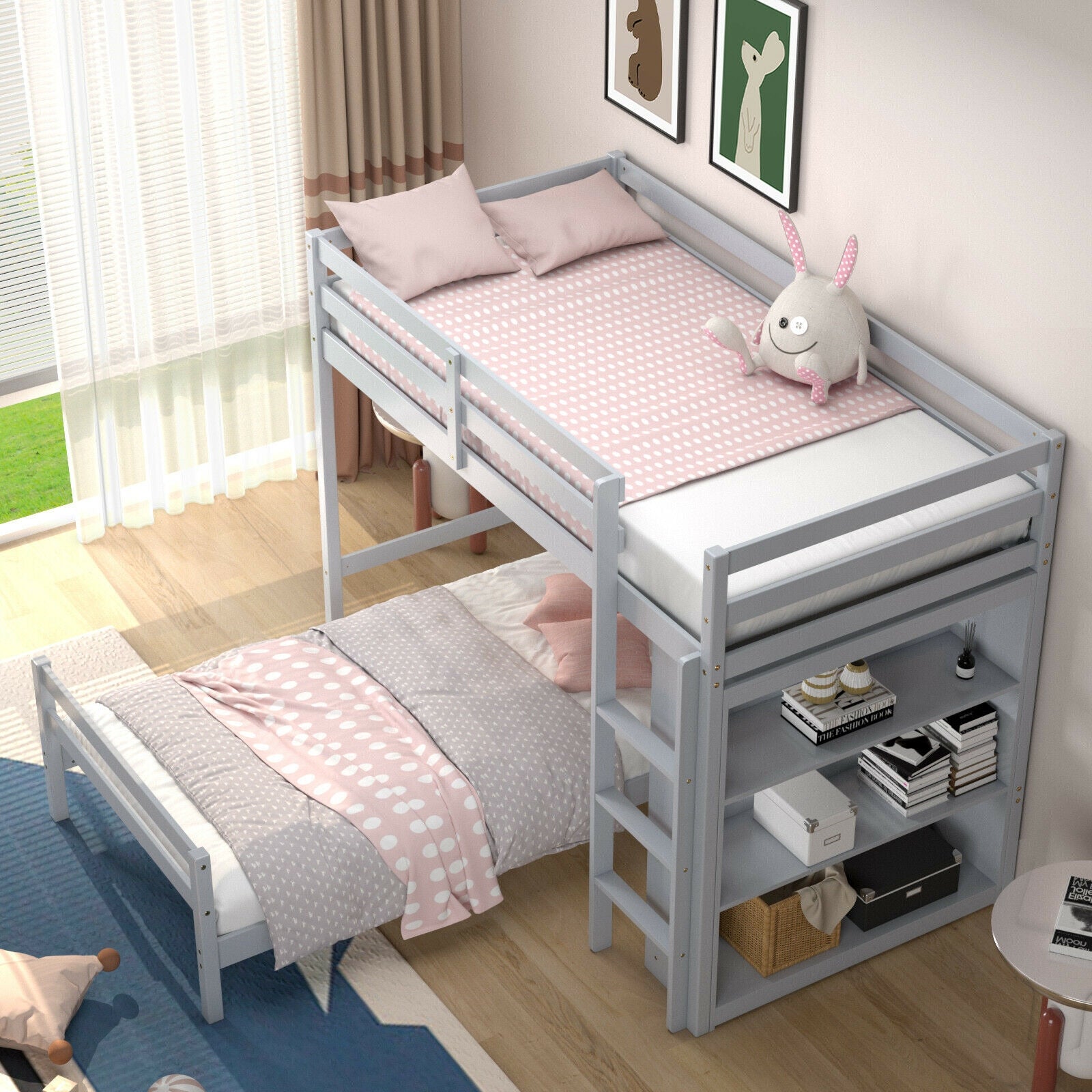 Twin Over Twin Loft Bunk Bed With Bookcase, Gray Bunk Bed Frame at Gallery Canada