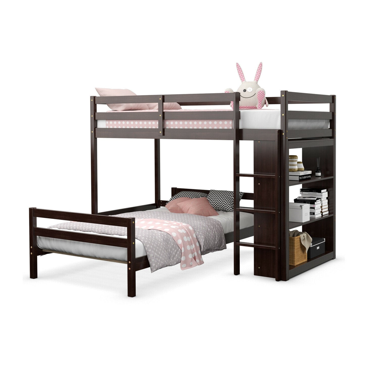 Twin Over Twin Loft Bunk Bed With Bookcase, Dark Brown Bunk Bed Frame at Gallery Canada