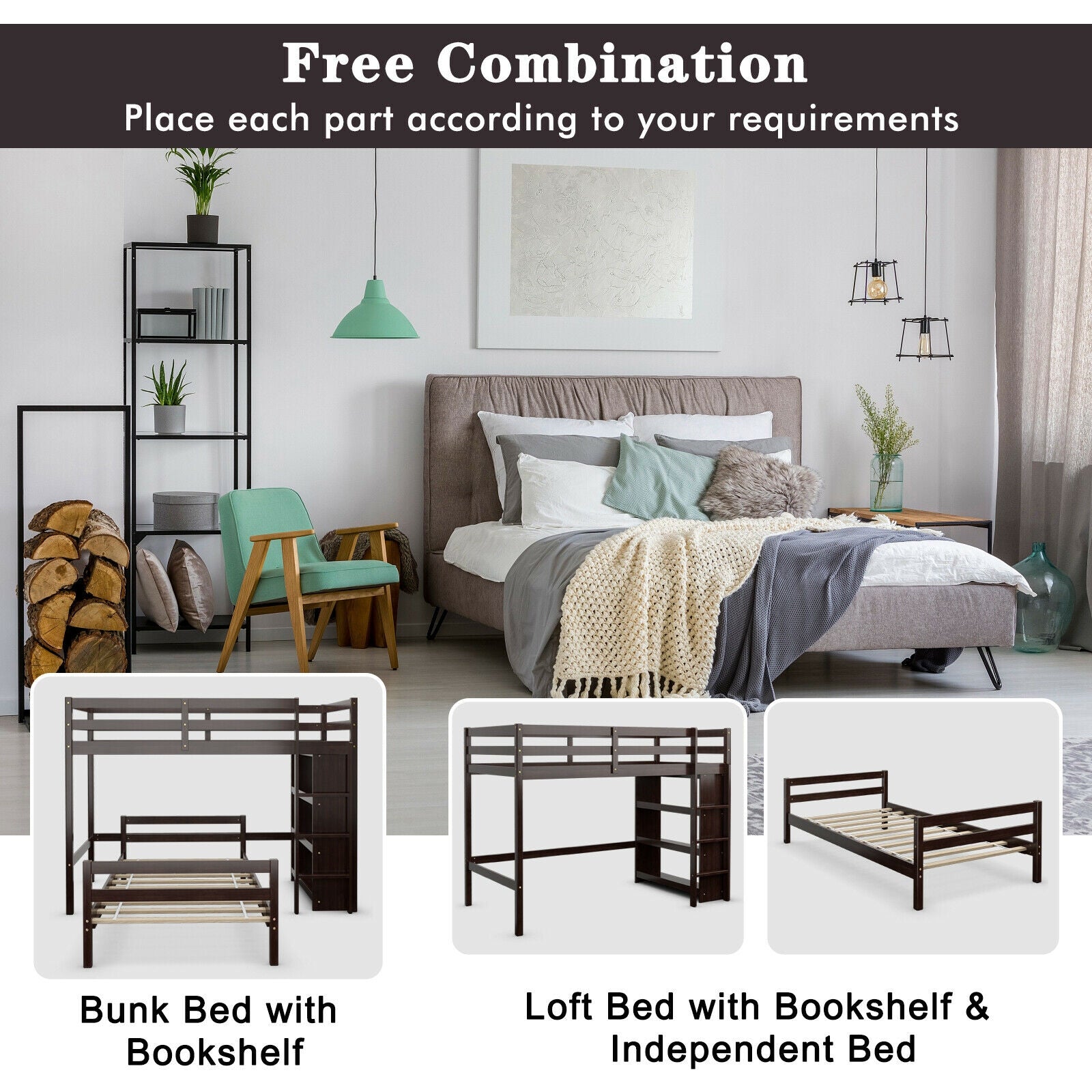 Twin Over Twin Loft Bunk Bed With Bookcase, Dark Brown Bunk Bed Frame at Gallery Canada