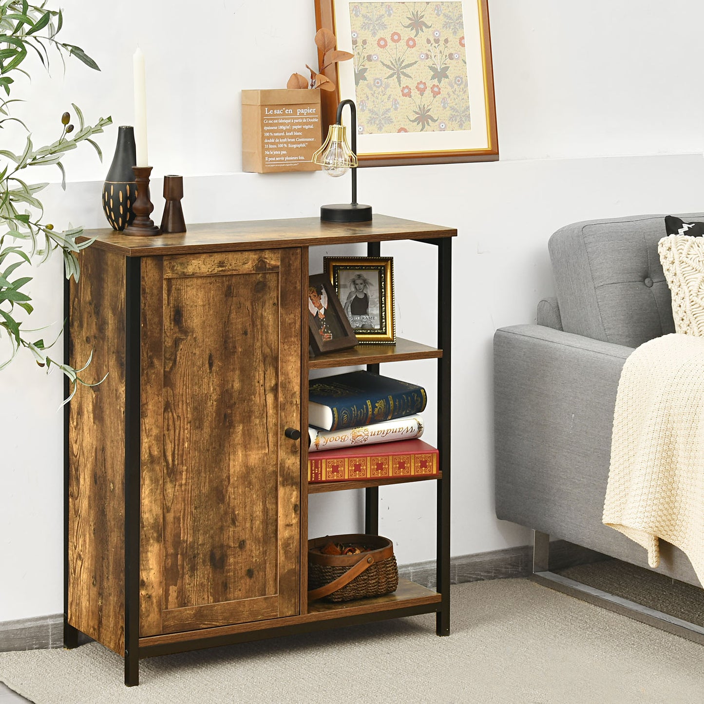 Freestanding Storage Cabinet, 3 Open Shelves With Doors, Rustic Brown Cabinets & Chests at Gallery Canada