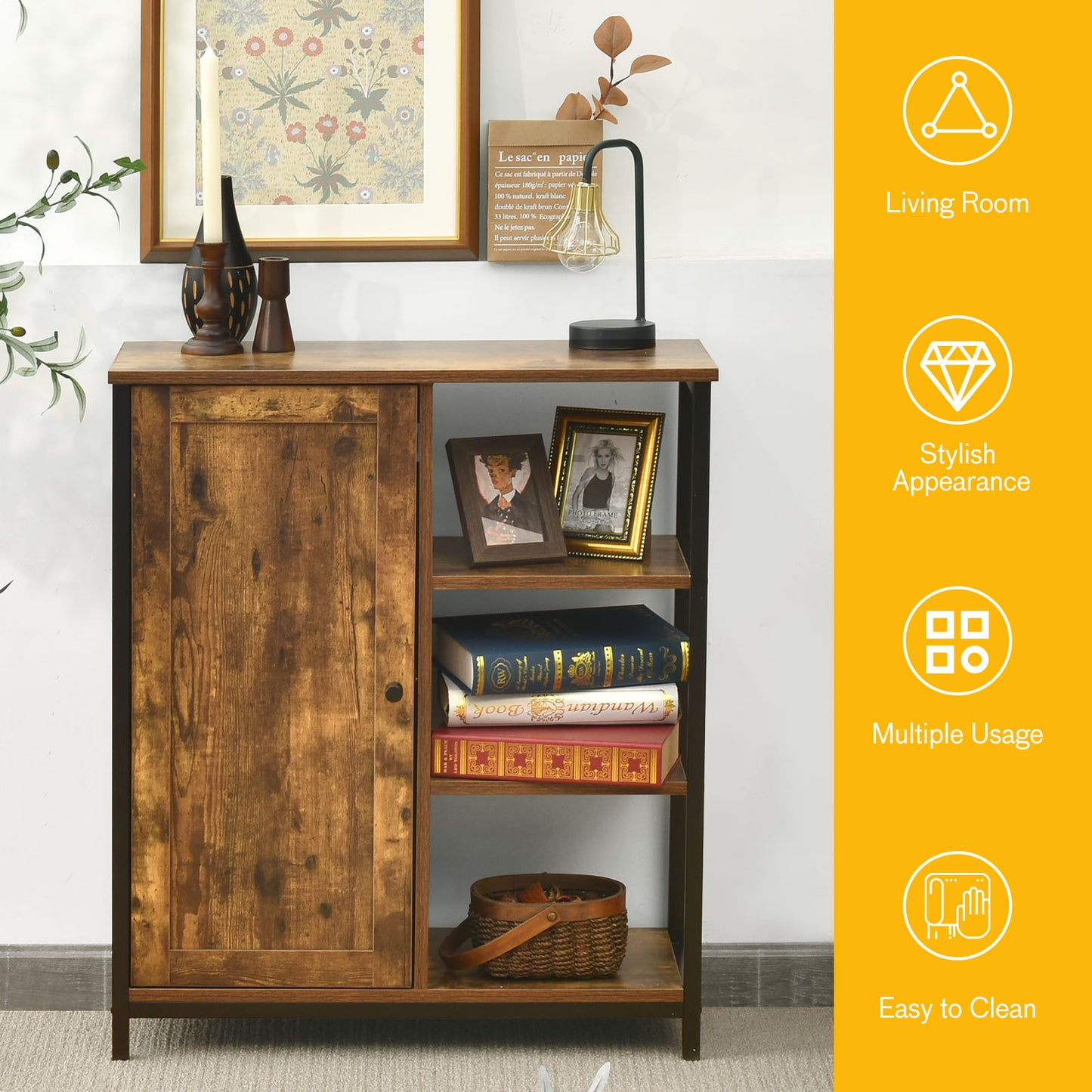 Freestanding Storage Cabinet, 3 Open Shelves With Doors, Rustic Brown Cabinets & Chests at Gallery Canada