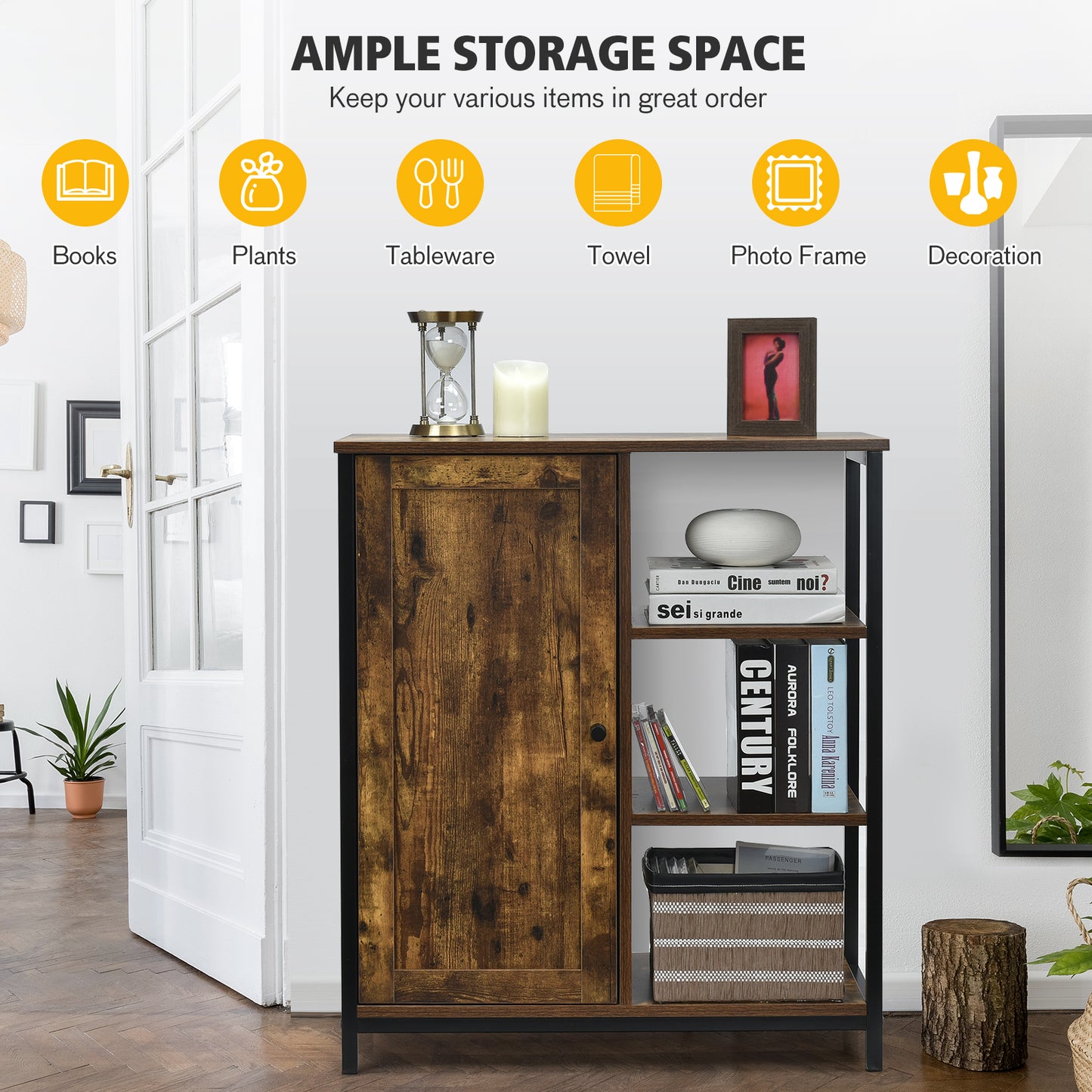 Freestanding Storage Cabinet, 3 Open Shelves With Doors, Rustic Brown Cabinets & Chests at Gallery Canada