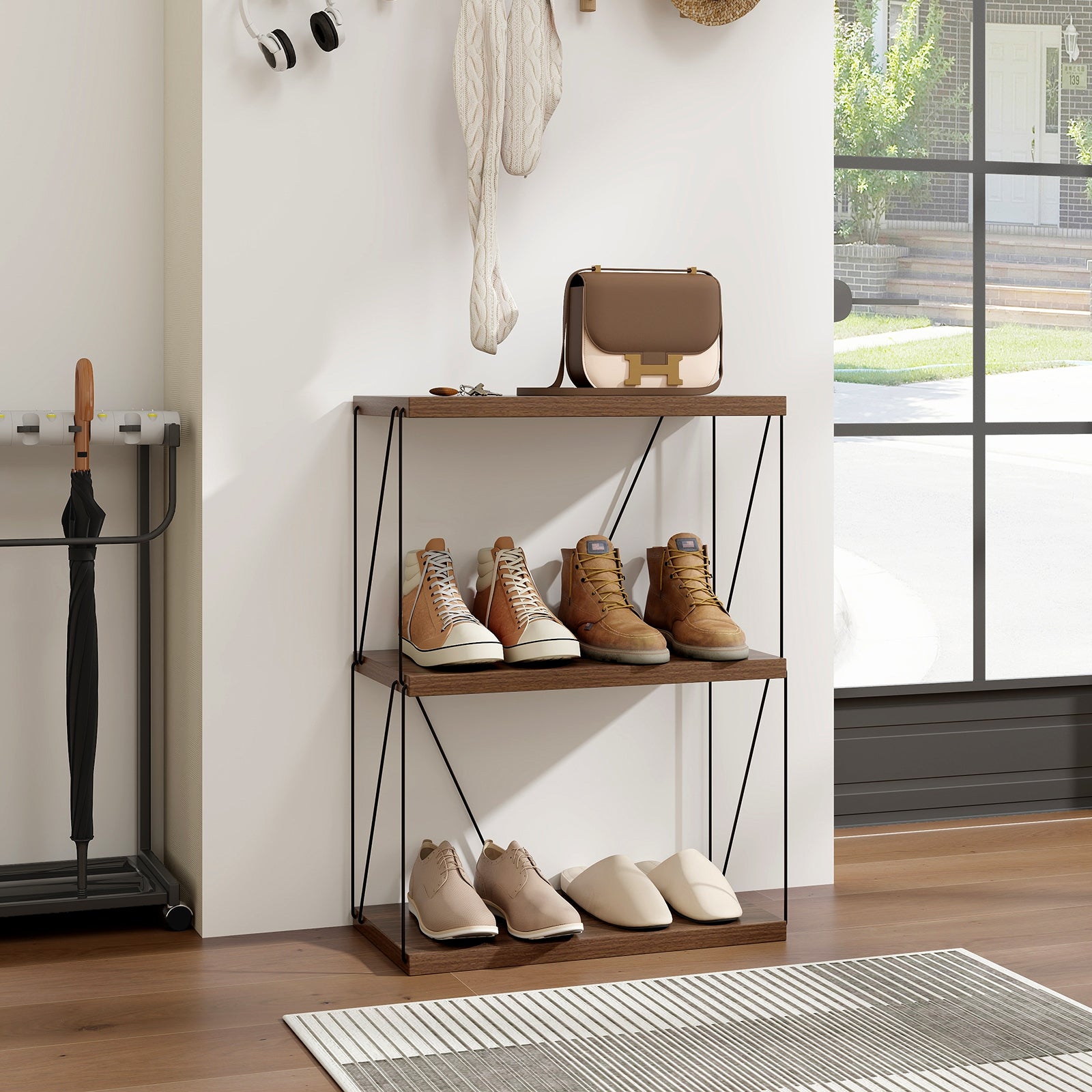 3-Tier Multipurpose Display Rack, Walnut, Metal Frame Bookcases at Gallery Canada