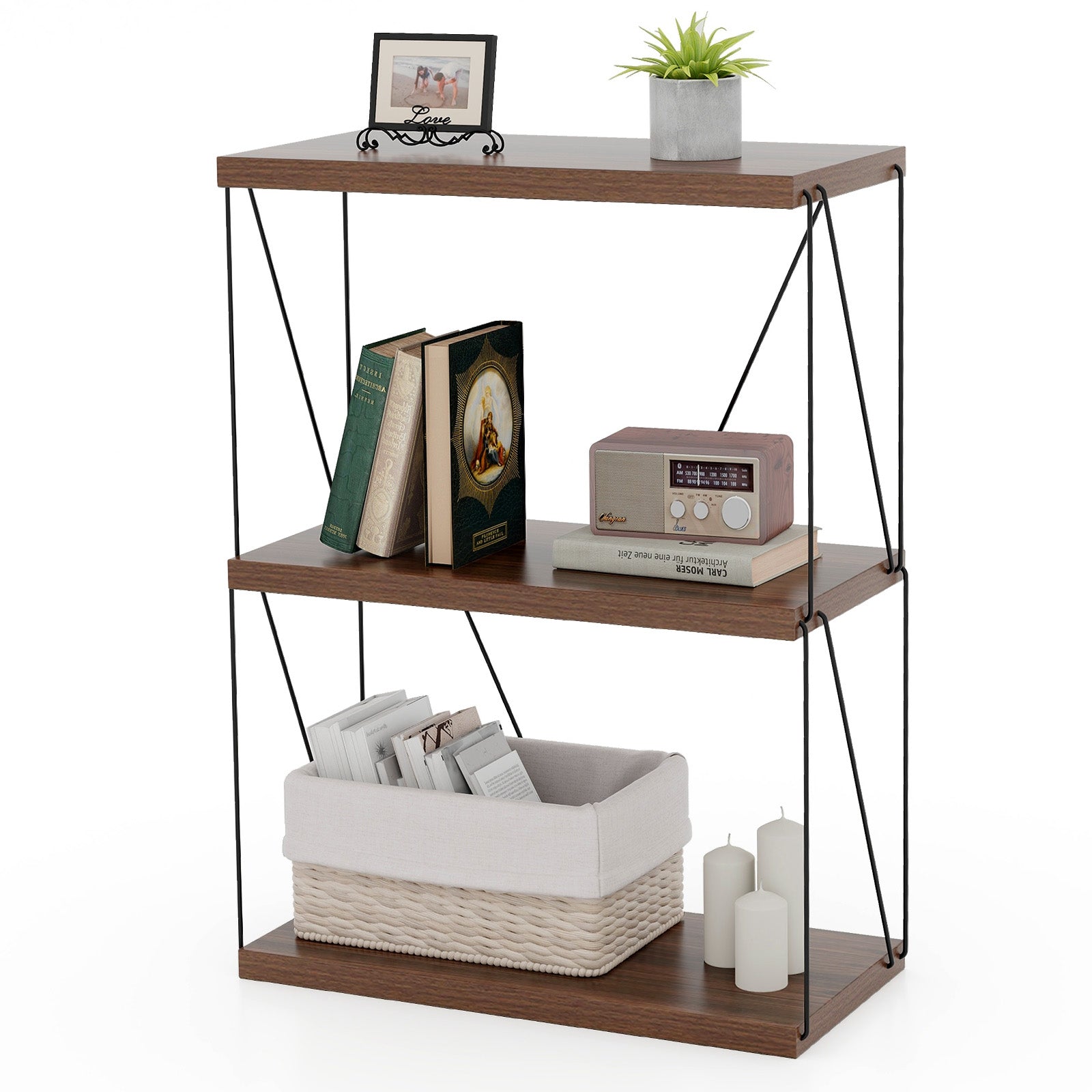 3-Tier Multipurpose Display Rack, Walnut, Metal Frame Bookcases at Gallery Canada