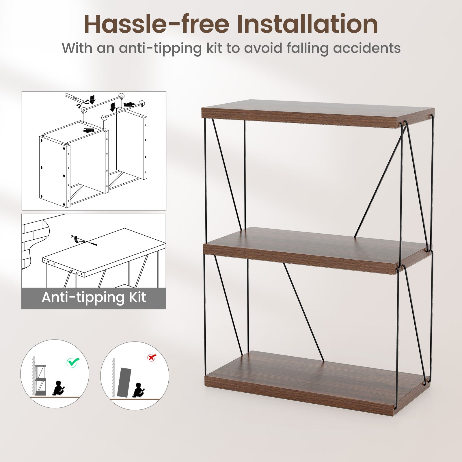 3-Tier Multipurpose Display Rack, Walnut, Metal Frame Bookcases at Gallery Canada
