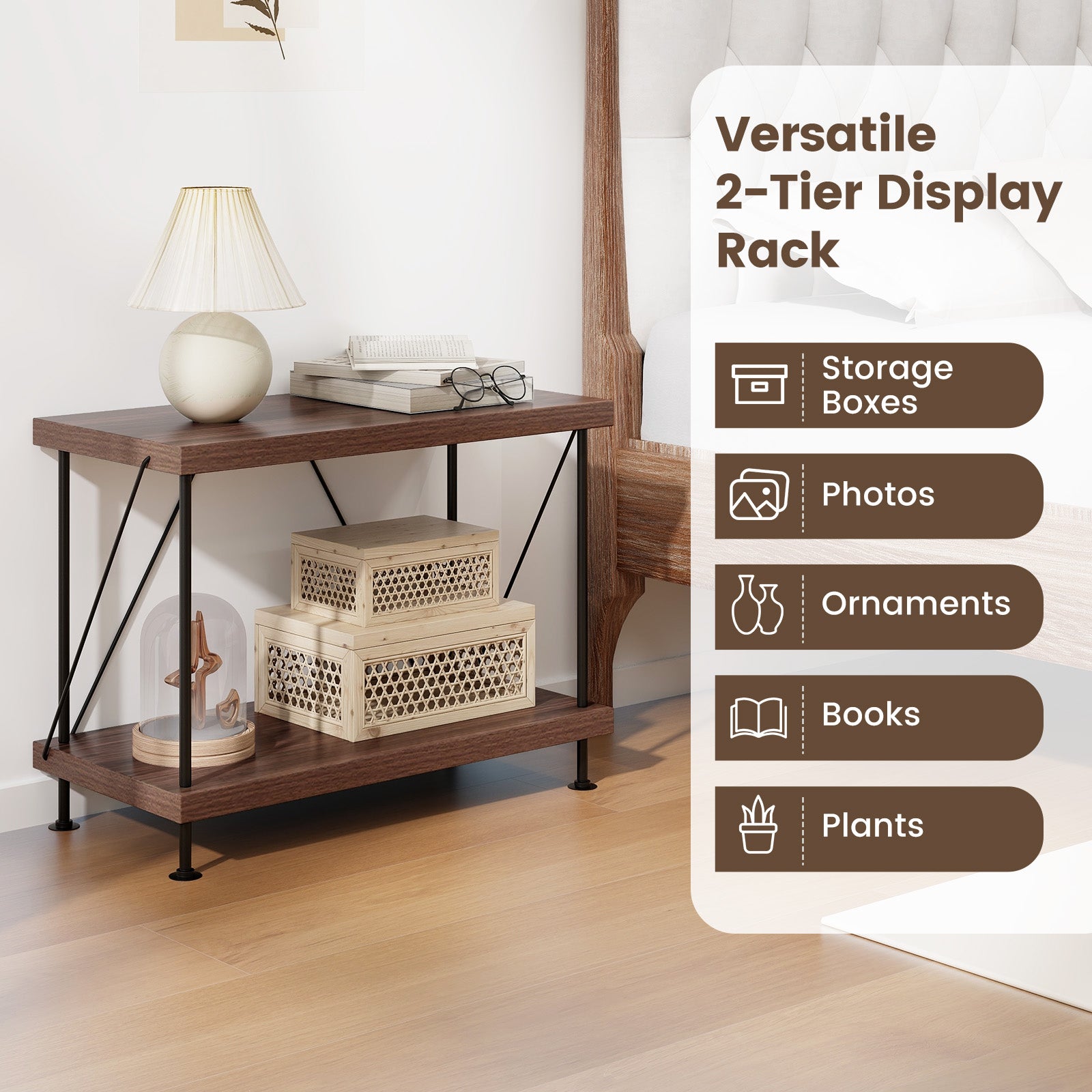 2 Tier Multipurpose Display Rack, Metal Frame, Walnut Bookcases at Gallery Canada