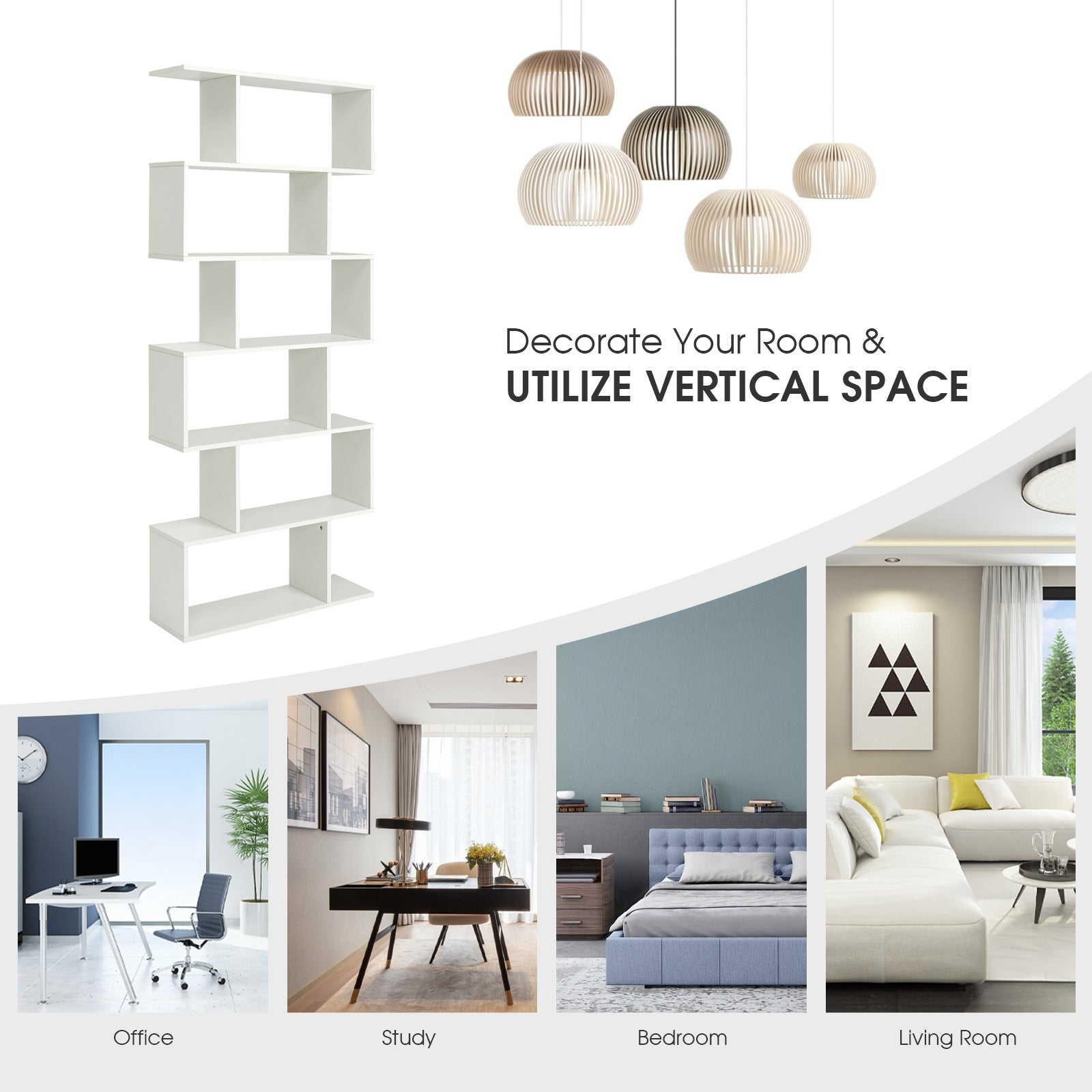 6 Tier S-Shaped Bookshelf, White Bookcases at Gallery Canada