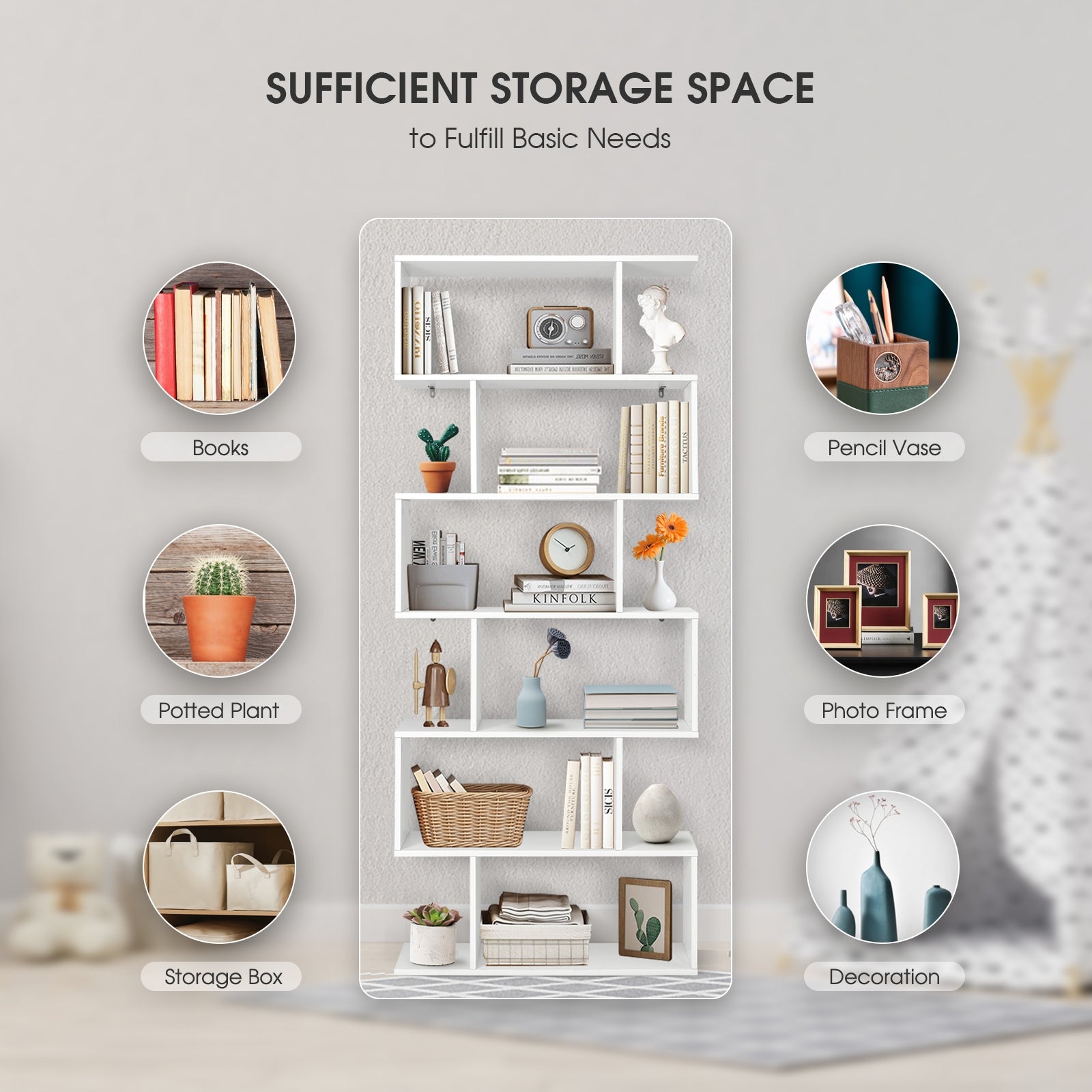 6 Tier S-Shaped Bookshelf, White Bookcases at Gallery Canada