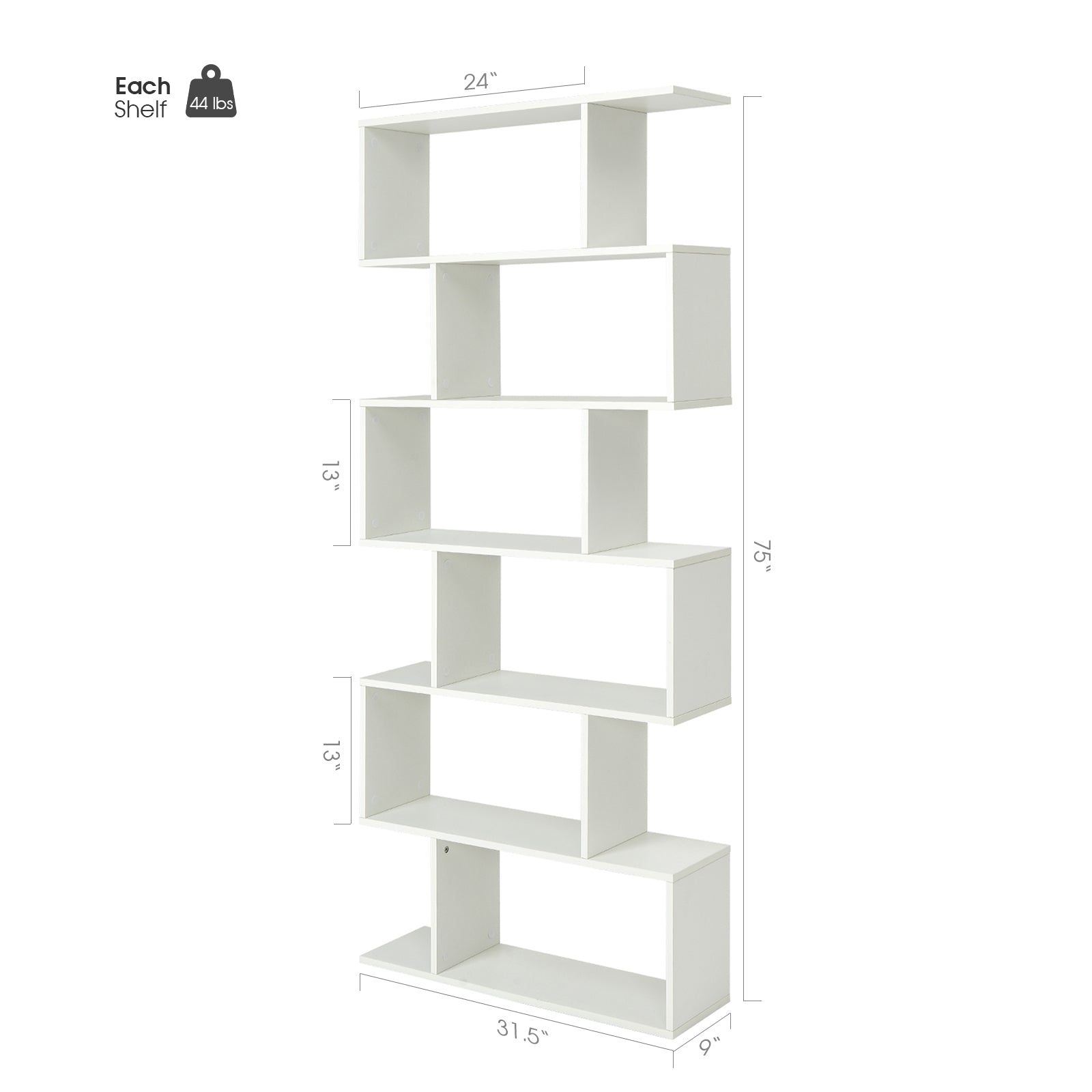 6 Tier S-Shaped Bookshelf, White Bookcases at Gallery Canada