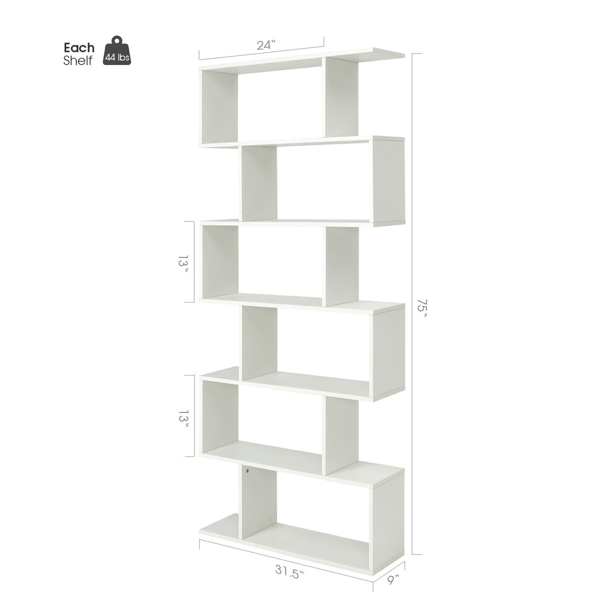 6 Tier S-Shaped Bookshelf, White Bookcases at Gallery Canada