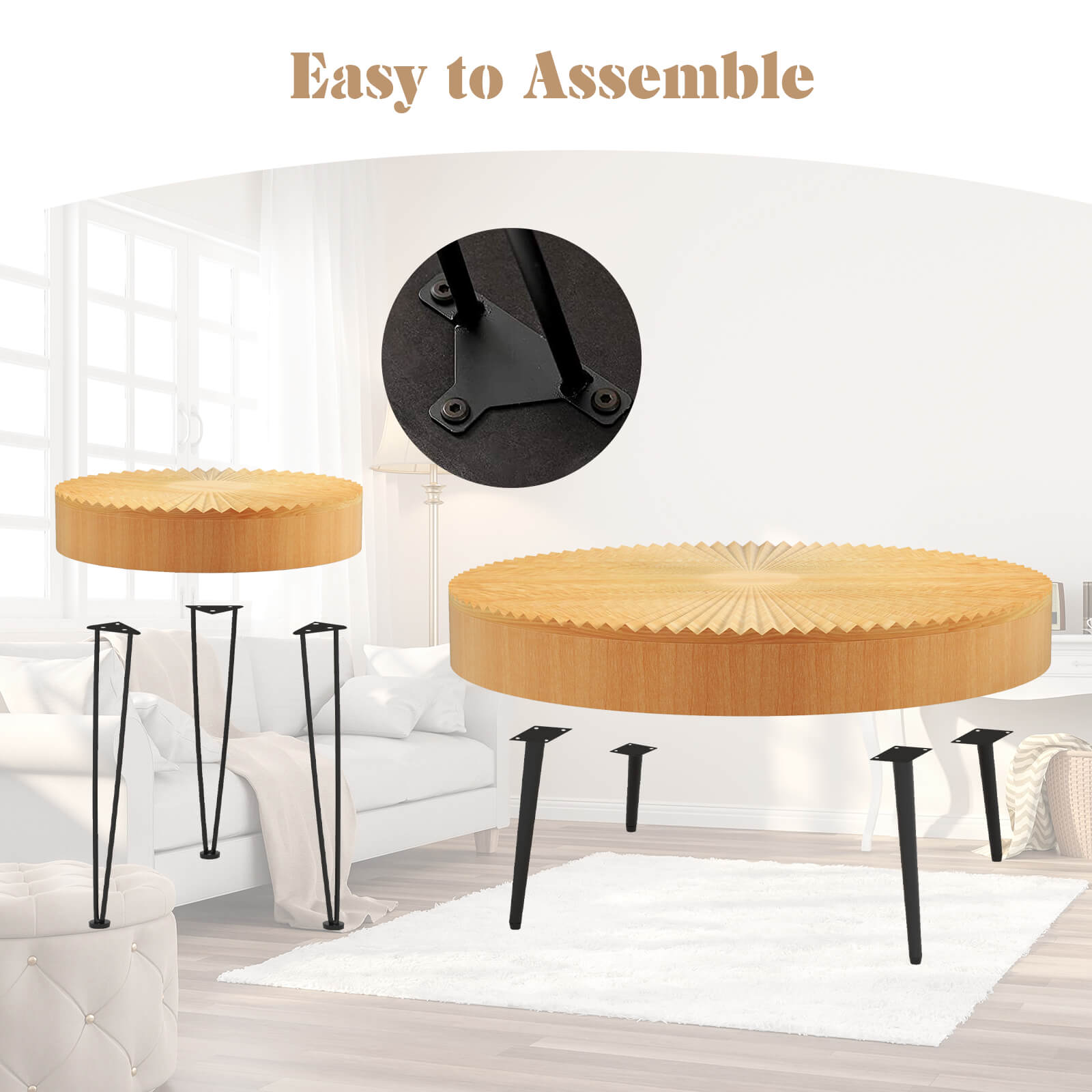 Wooden Coffee Table, Metal Legs, Adjustable Foot Pads, Radial Pattern, Natural Coffee Tables at Gallery Canada