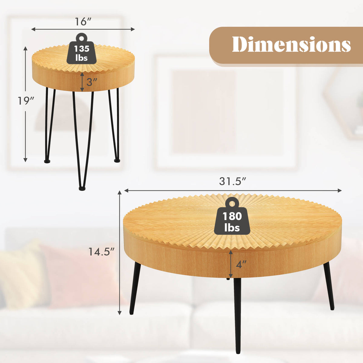 Wooden Coffee Table, Metal Legs, Adjustable Foot Pads, Radial Pattern, Natural Coffee Tables at Gallery Canada