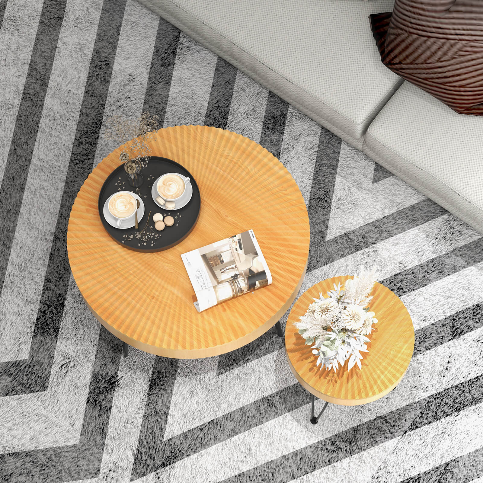 Wooden Coffee Table, Metal Legs, Adjustable Foot Pads, Radial Pattern, Natural Coffee Tables at Gallery Canada