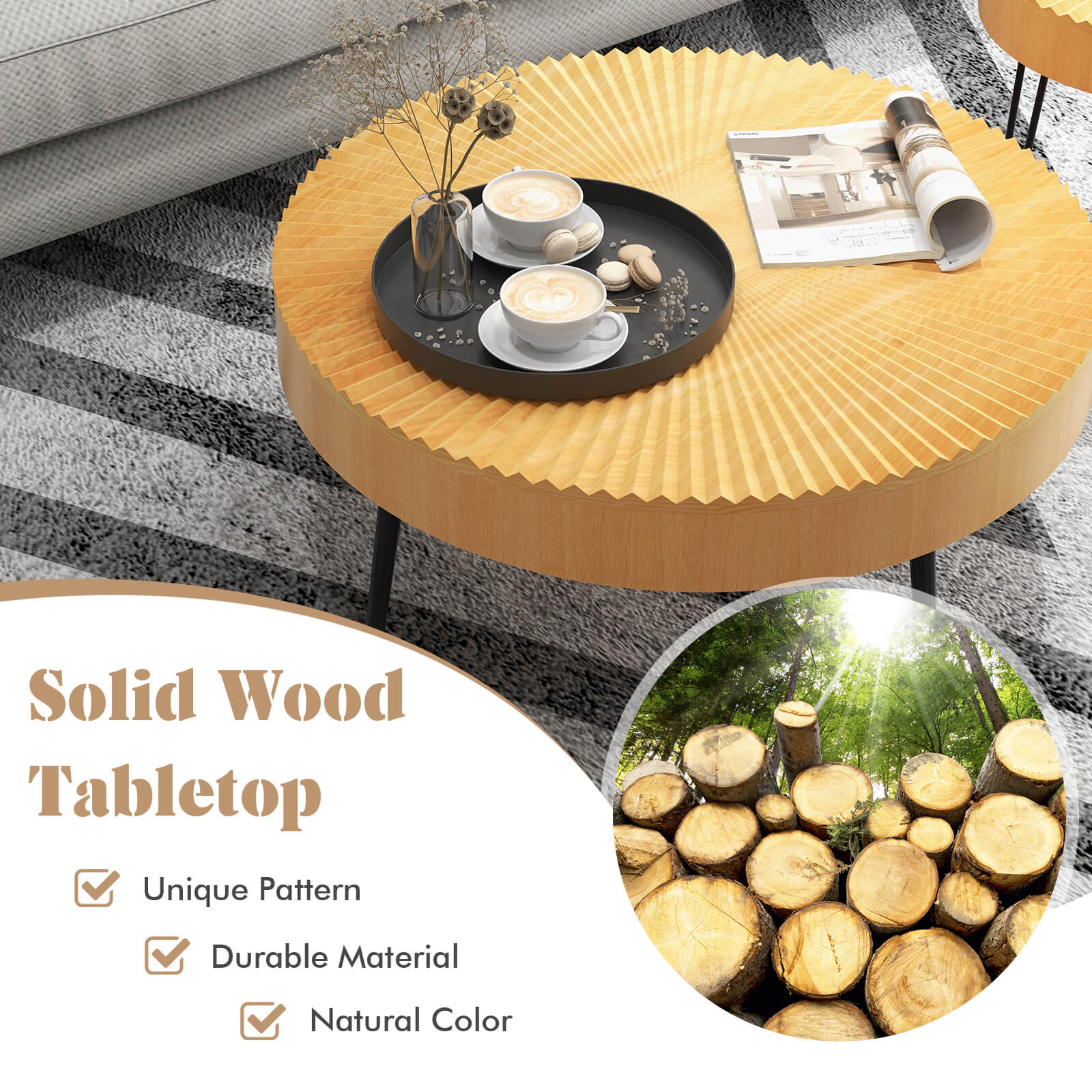 Wooden Coffee Table, Metal Legs, Adjustable Foot Pads, Radial Pattern, Natural Coffee Tables at Gallery Canada
