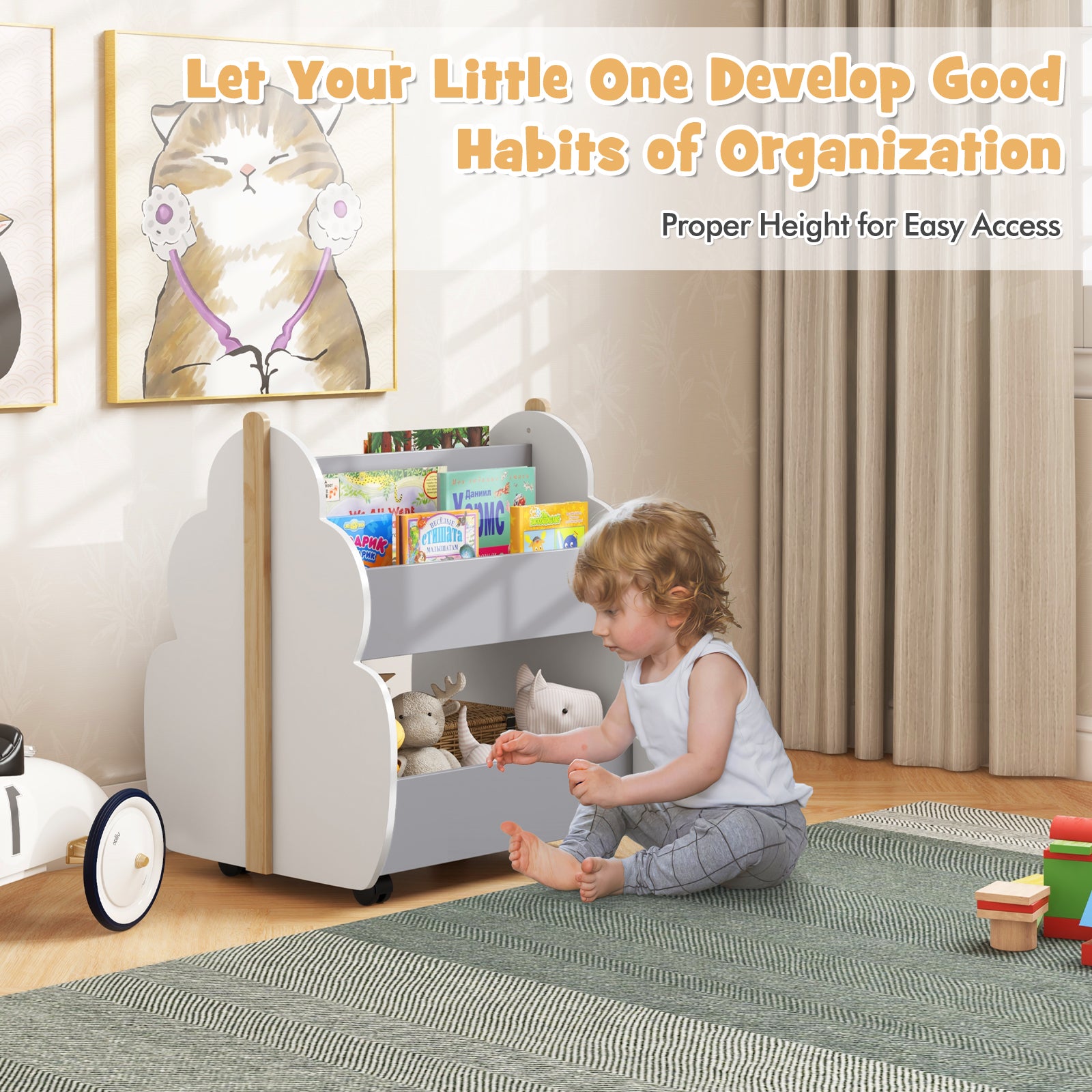 Kids Wooden Bookshelf With Universal Wheels, Gray Kids Storage at Gallery Canada
