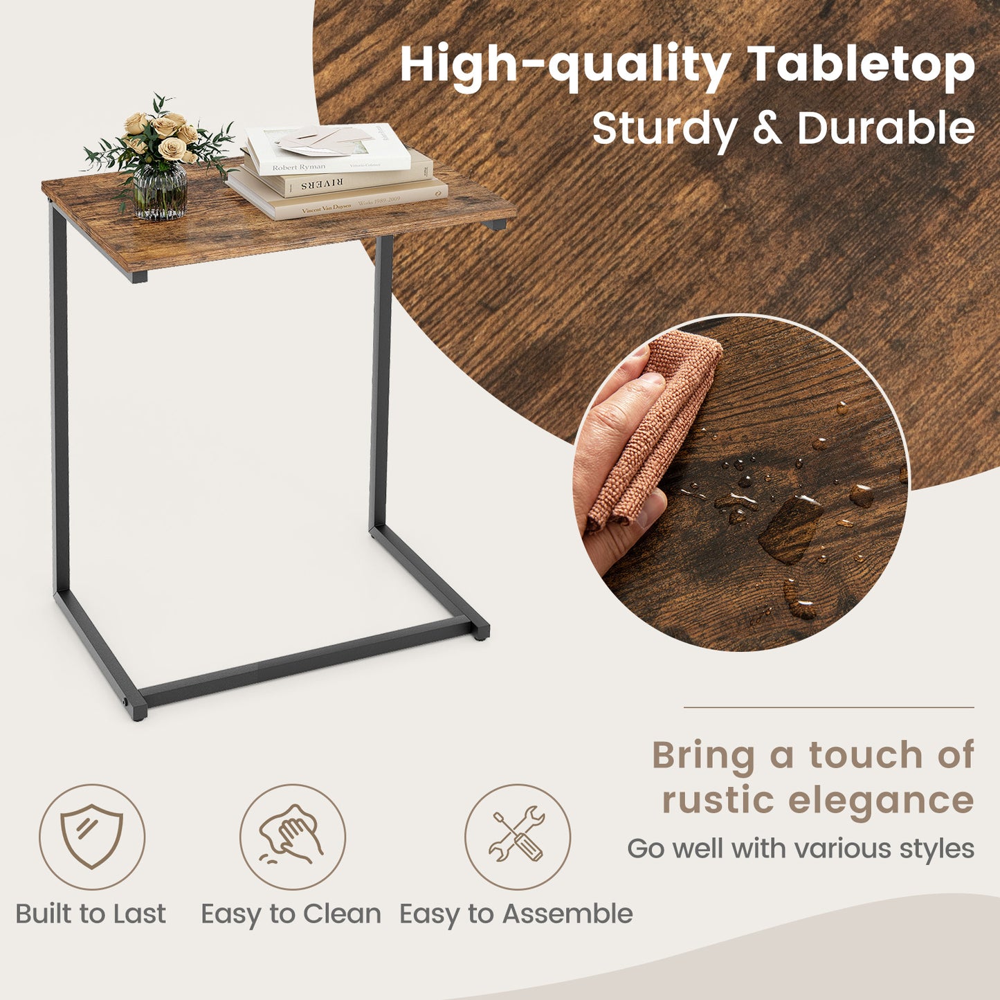 Industrial End Table, C-Shaped Metal Frame, Rustic Brown End & Side Tables at Gallery Canada