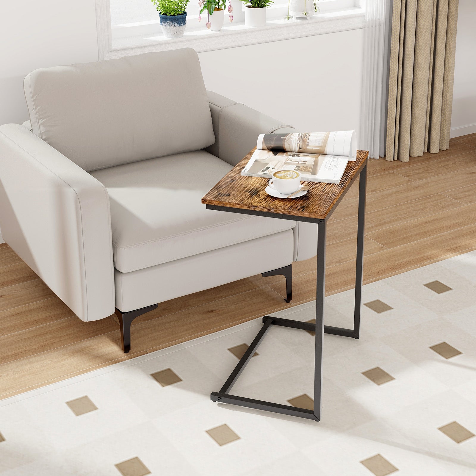 Industrial End Table, C-Shaped Metal Frame, Rustic Brown End & Side Tables at Gallery Canada