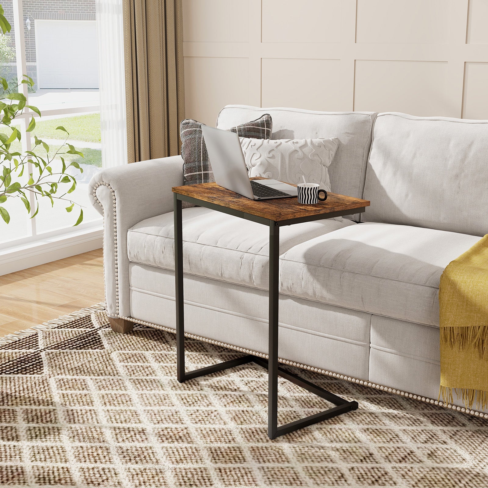 Industrial End Table, C-Shaped Metal Frame, Rustic Brown End & Side Tables at Gallery Canada