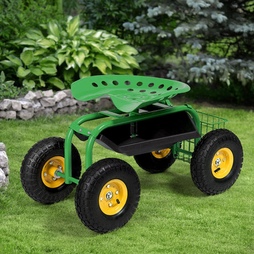 Garden Cart Rolling Work Seat, Heavy Duty Tool Tray, Green